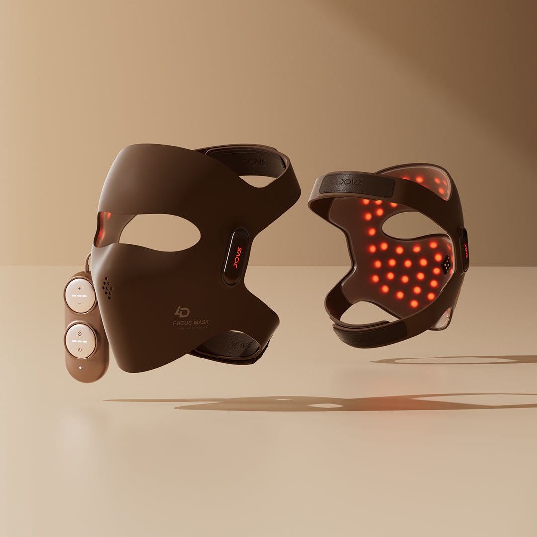 JOVS 4D Laser Light Therapy Mask in use, showcasing the laser light therapy in action for facial rejuvenation, with remote control.