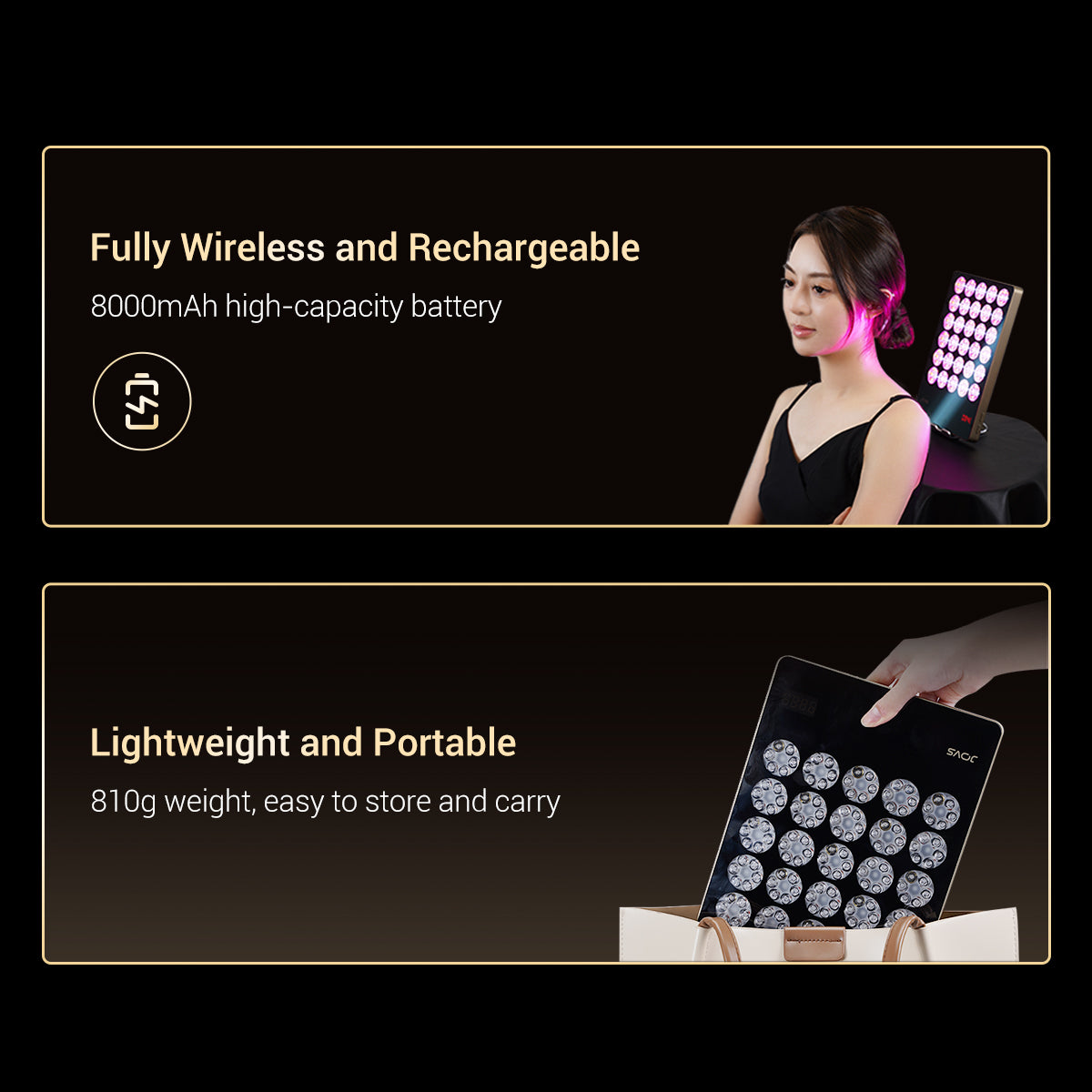 Compact and rechargeable JOVS LED light therapy panel, wireless with high-capacity battery for skincare on the go.
