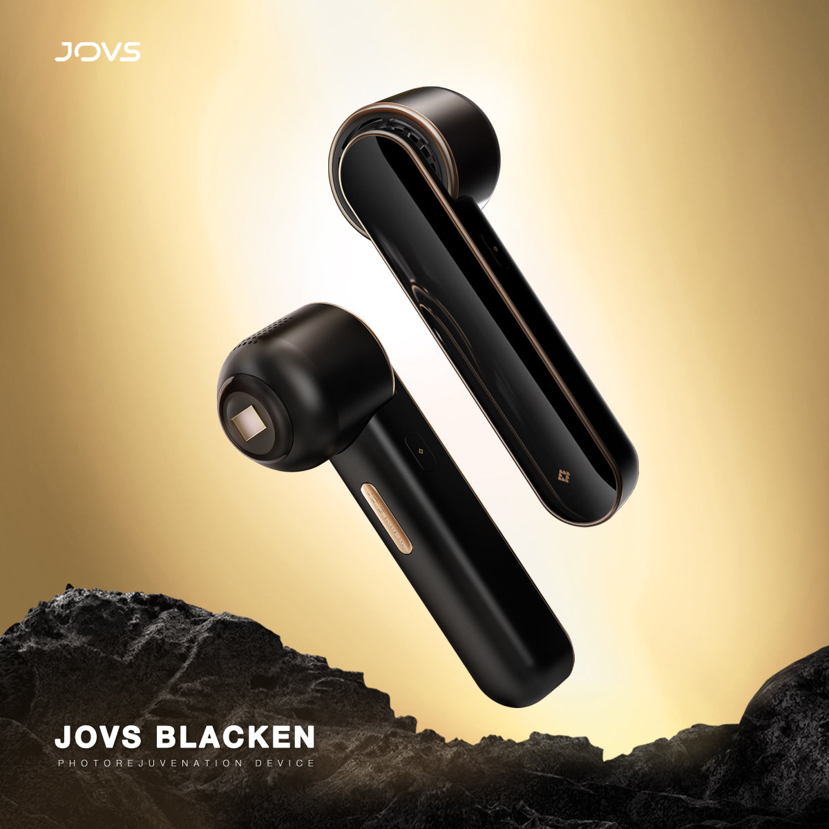 Front and back views of the JOVS Blacken DPL Photofacial Device, highlighting its sleek design.