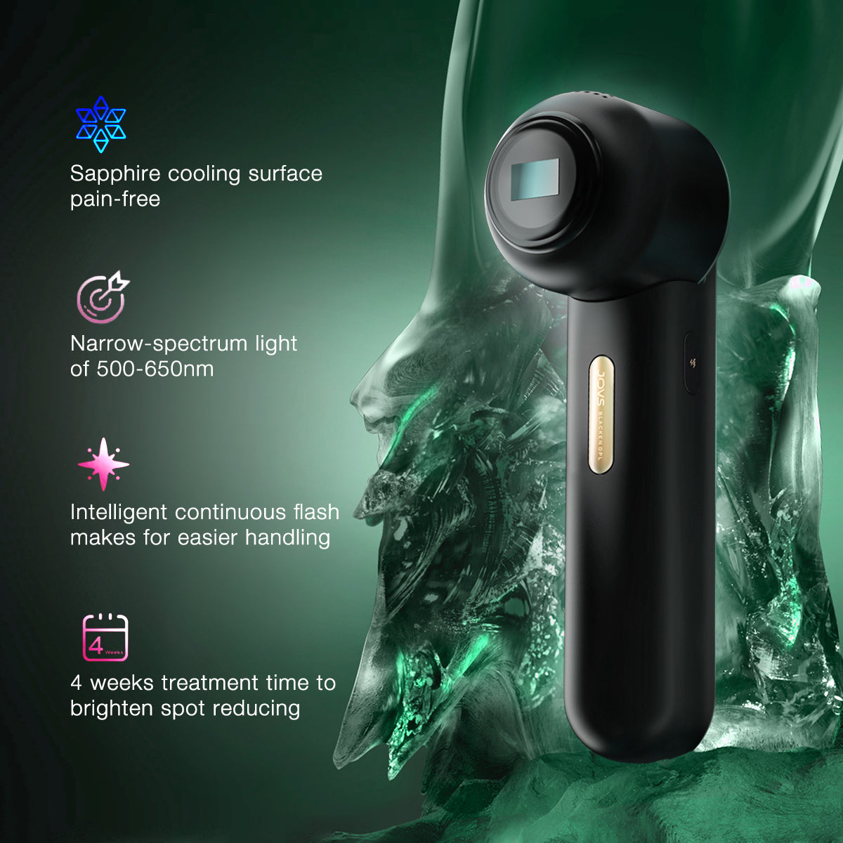JOVS Blacken PRO DPL Photorejuvenation Skincare Device with sapphire cooling surface and narrow-spectrum light technology.
