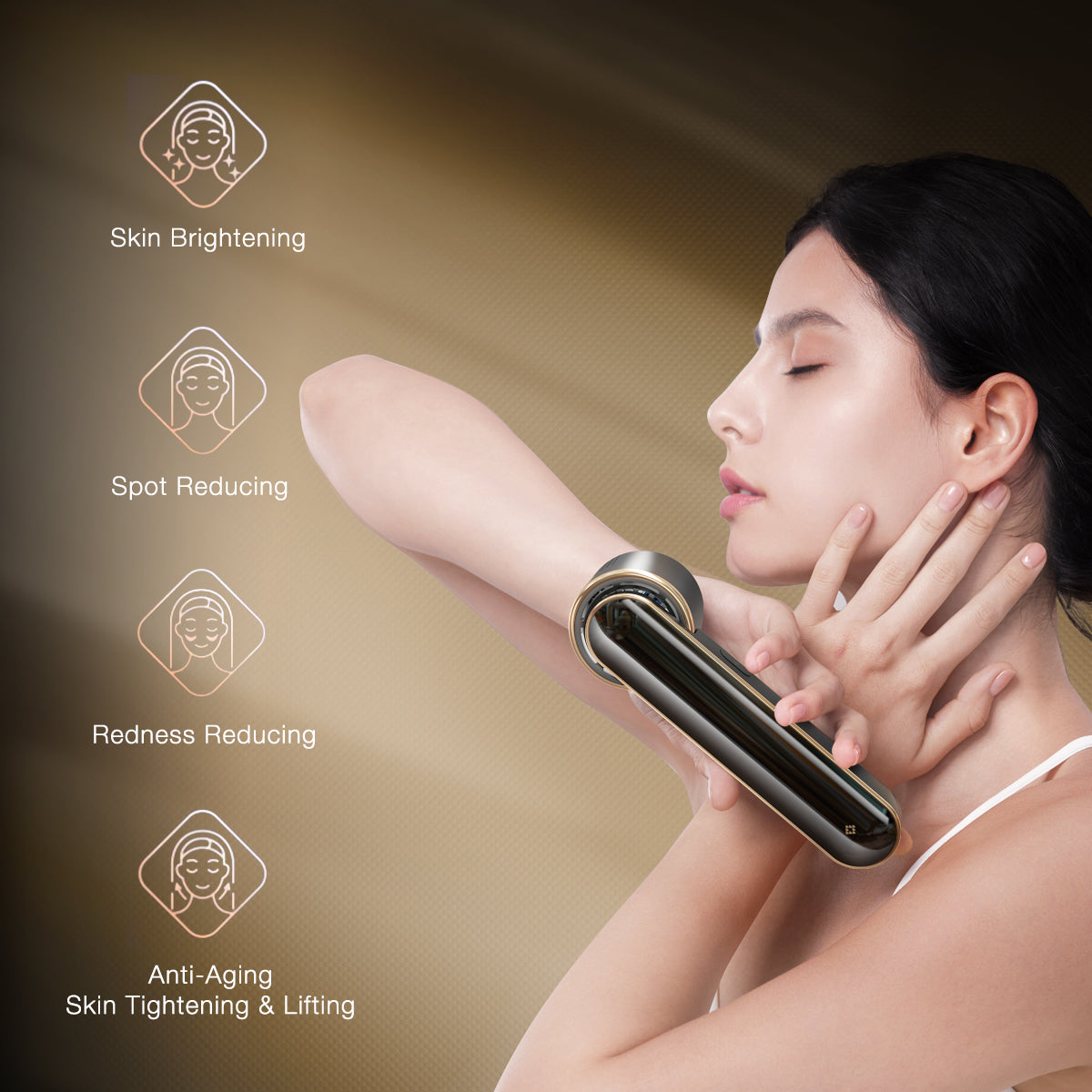 Woman receiving skin brightening and anti-aging treatment with JOVS Blacken DPL Photofacial Device, enhancing skin texture and reducing redness.