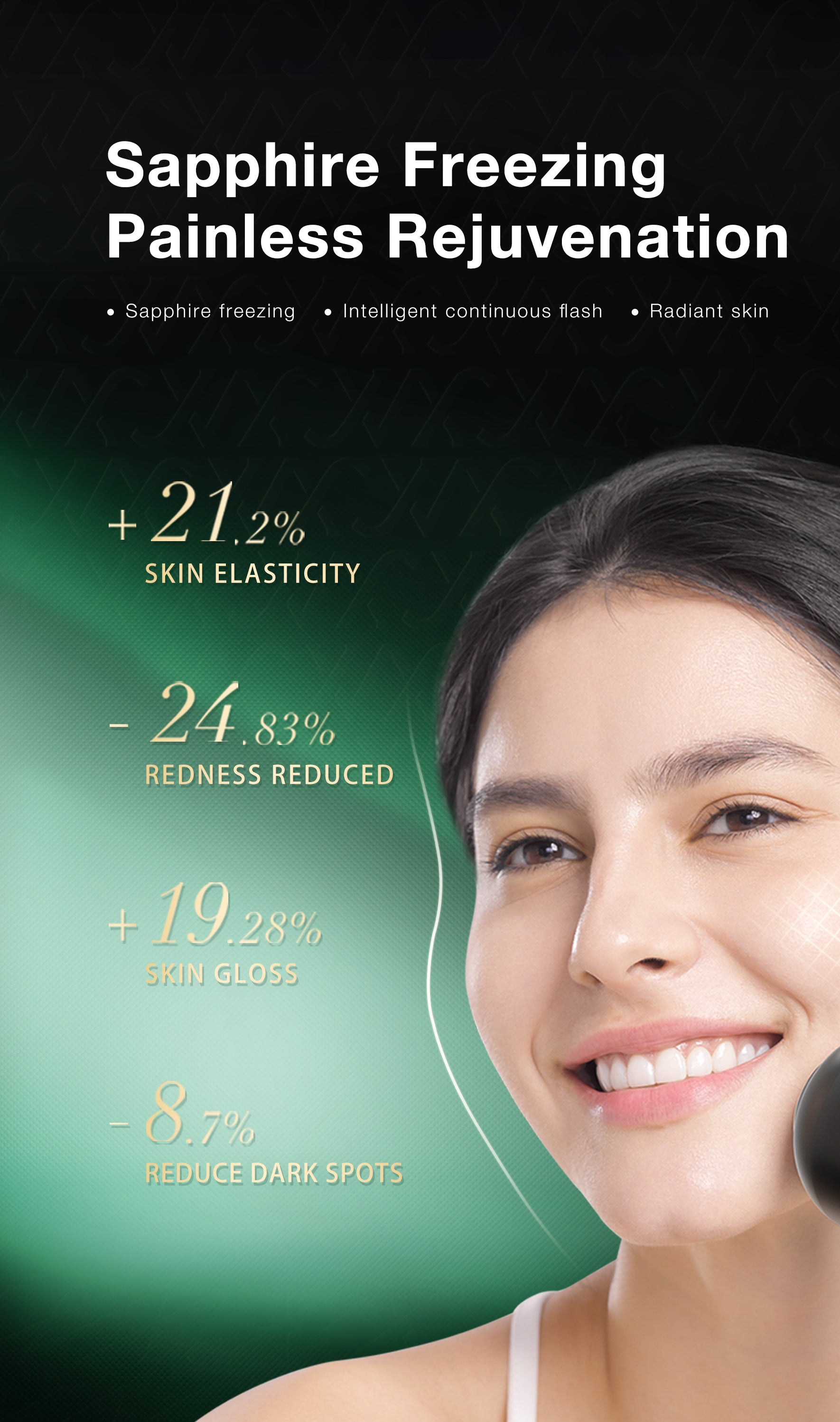 Smiling woman enjoying the benefits of JOVS Blacken PRO DPL with Sapphire Freezing for painless skin rejuvenation, showing increased elasticity, reduced redness, and enhanced skin gloss.
