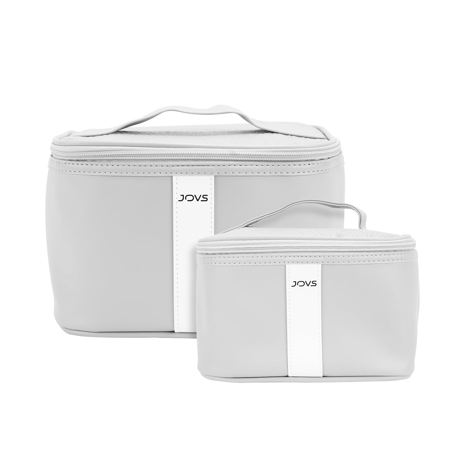 JOVS Cosmetic Bags Set in White with Handle and Brand Detailing for Organizing Skincare Products.