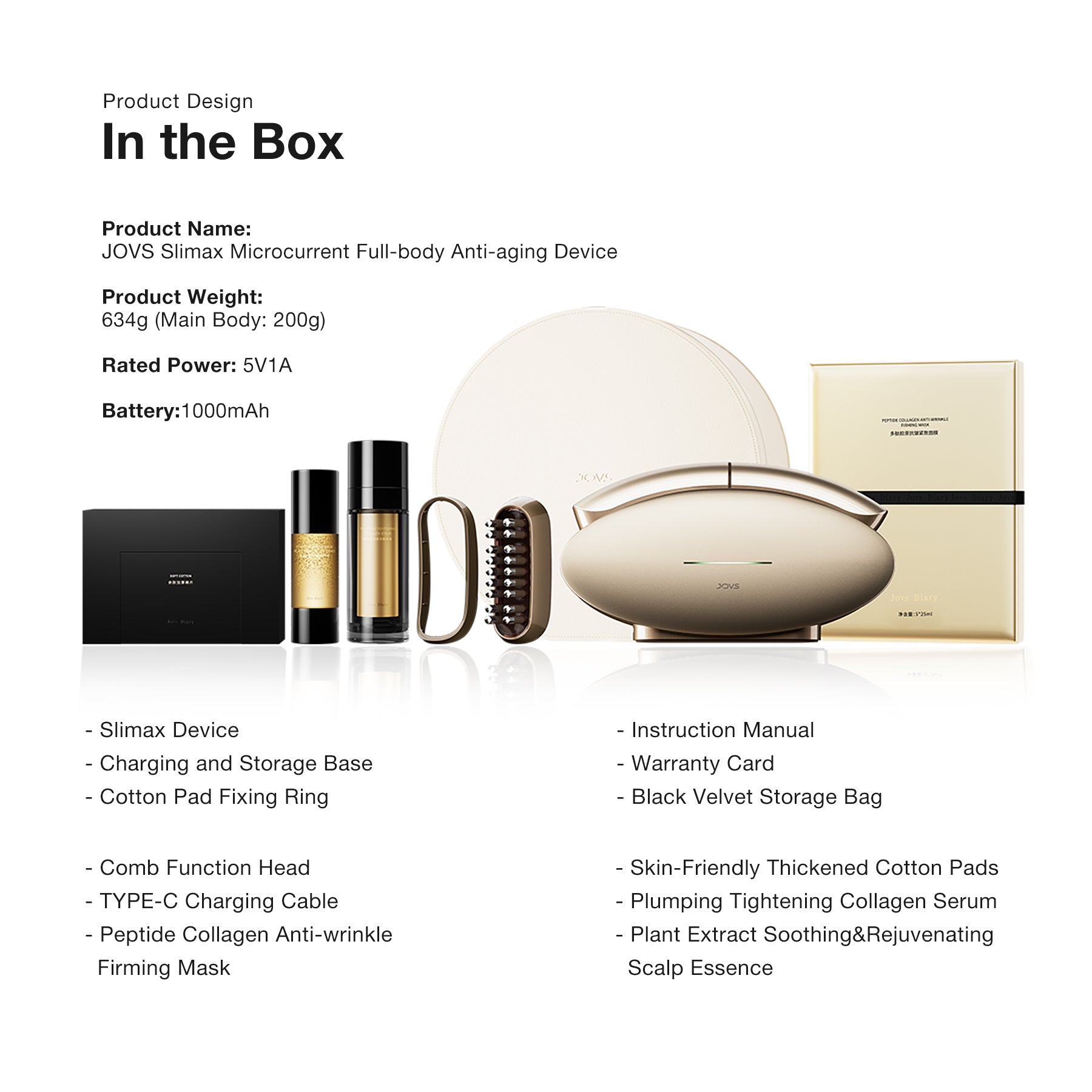 Contents of the JOVS Slimax Microcurrent Full-body Anti-aging Device package, including device, charging base, and skin rejuvenation essentials.