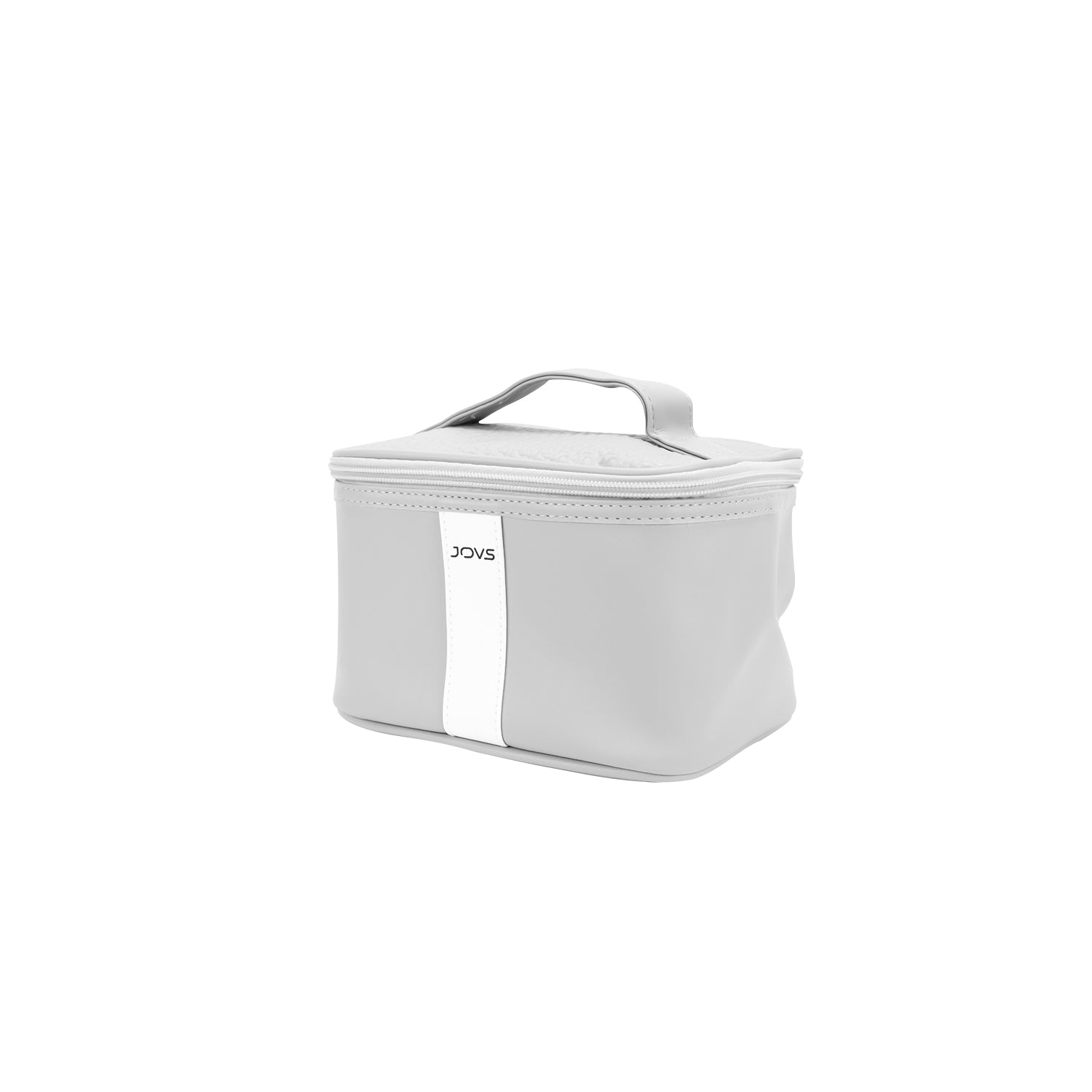 JOVS White Cosmetic Bag with Zipper and Logo Detailing for Beauty Essentials Storage.
