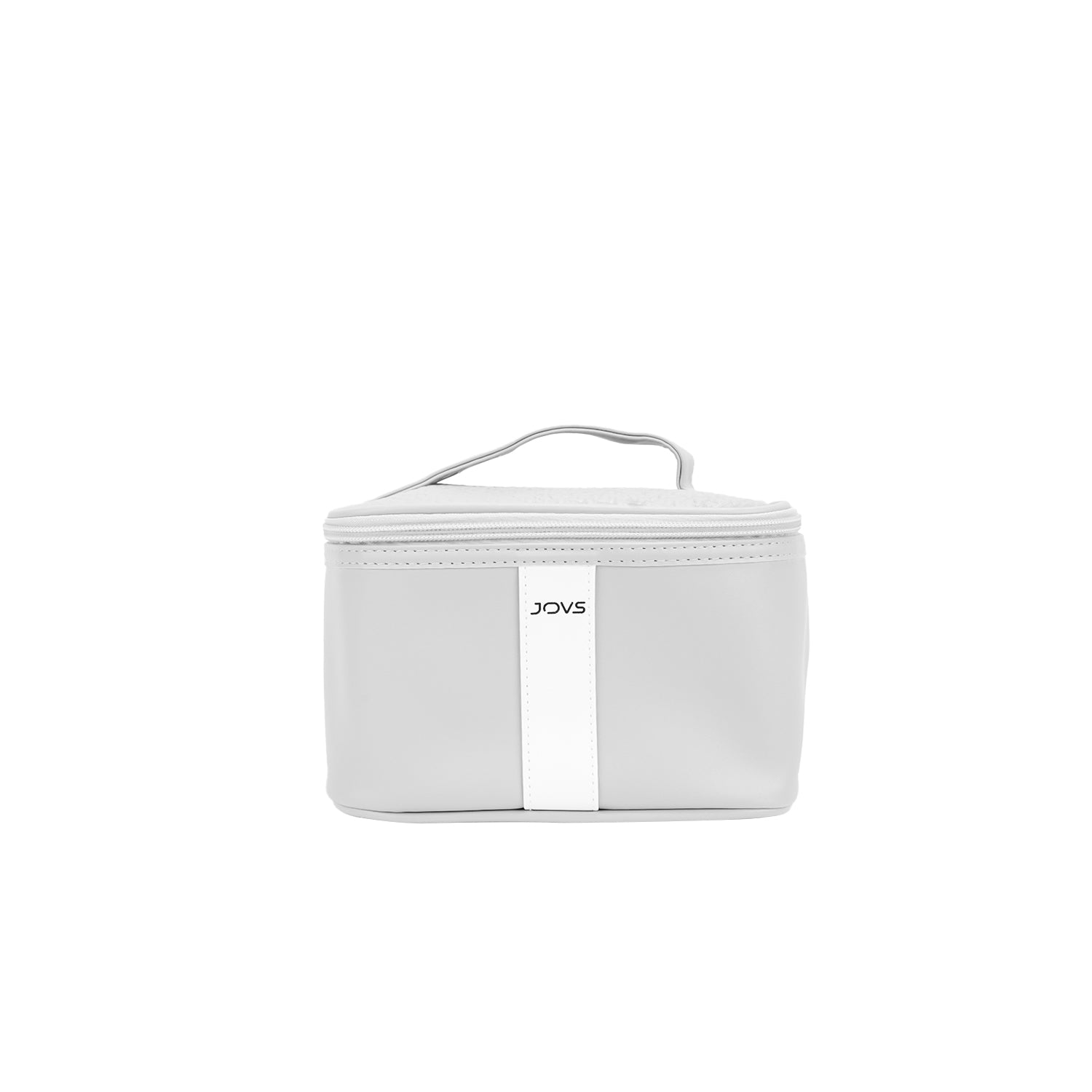 JOVS Elegant White Cosmetic Bag with Sturdy Handle and Brand Logo for Skincare Storage.