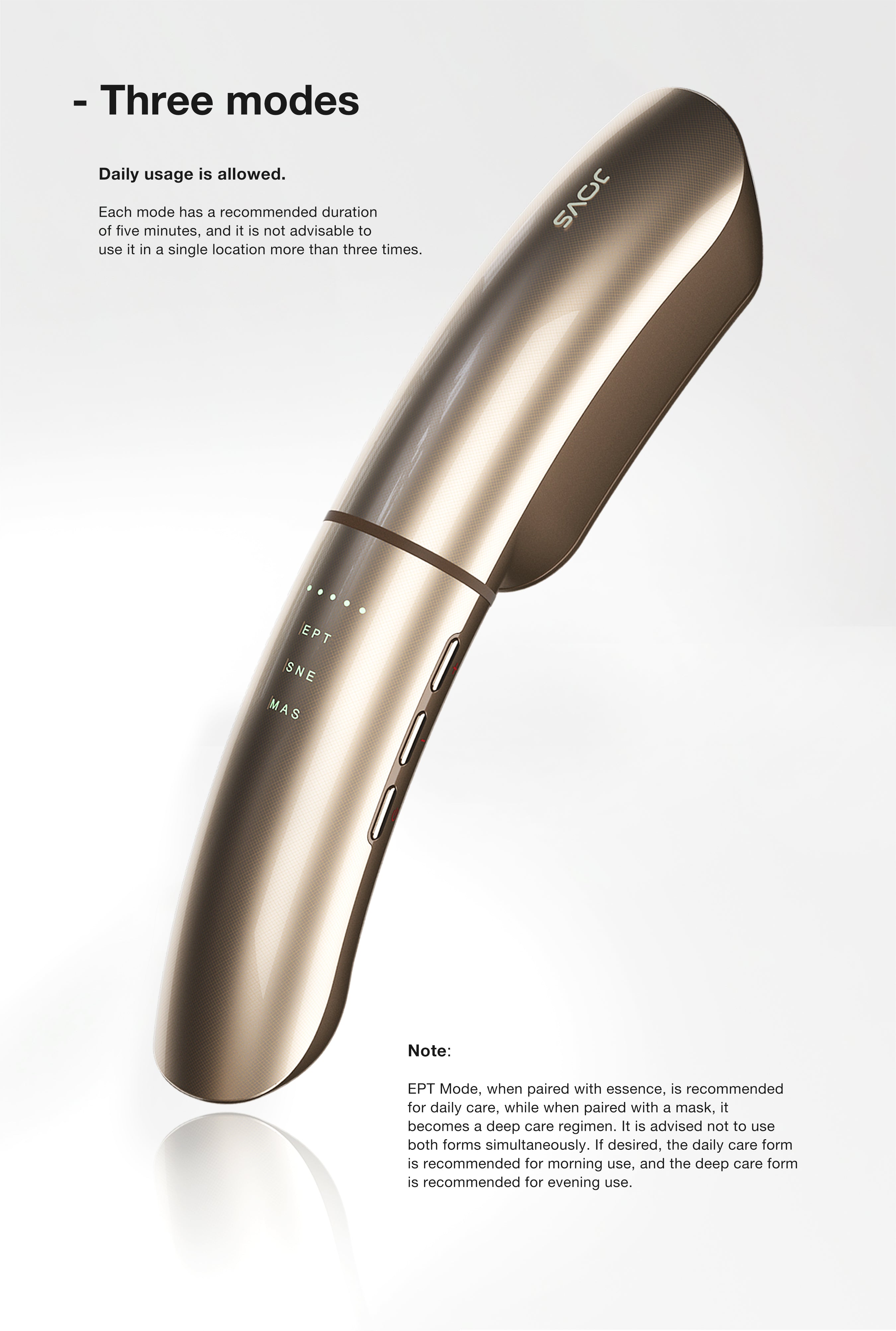 JOVS Slimax Microcurrent Anti-aging Deviceshowcasing three operational modes for daily skin care and rejuvenation.