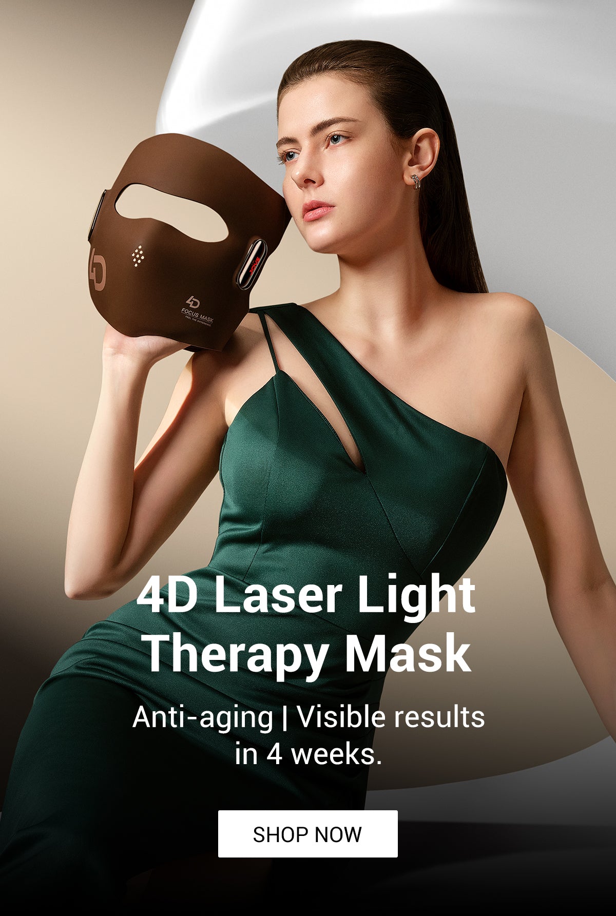 Elegant model presenting the JOVS 4D Laser Light Therapy Mask, promising anti-aging benefits and visible results in just four weeks.