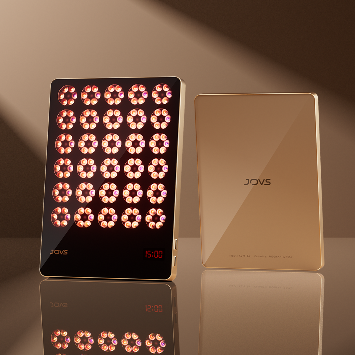 JOVS LED light therapy device displaying time, reflecting modern design and advanced skincare technology.