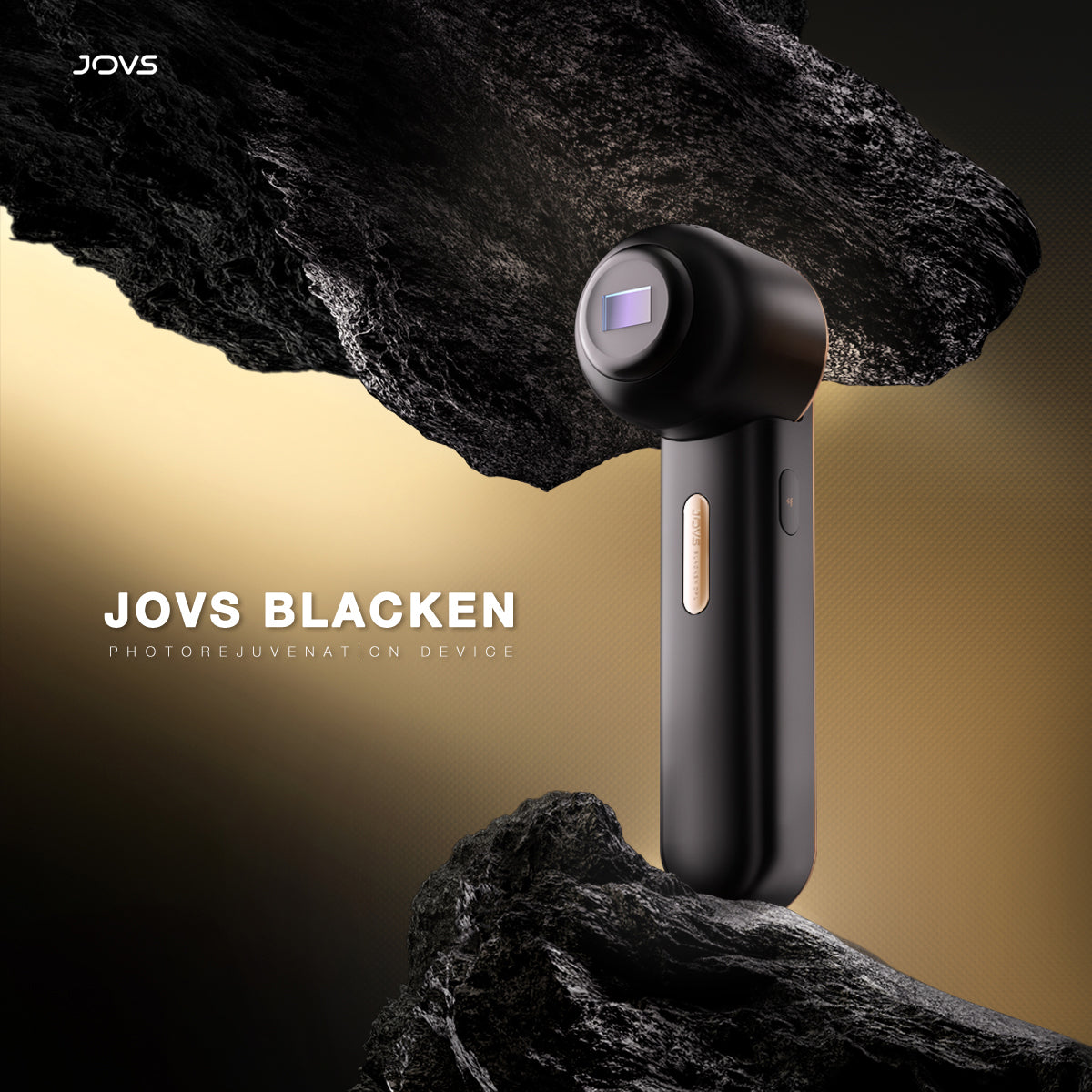 JOVS Blacken DPL Photorejuvenation skincare device displayed against a contrasting natural rock backdrop, highlighting its sleek design and cutting-edge skincare technology.