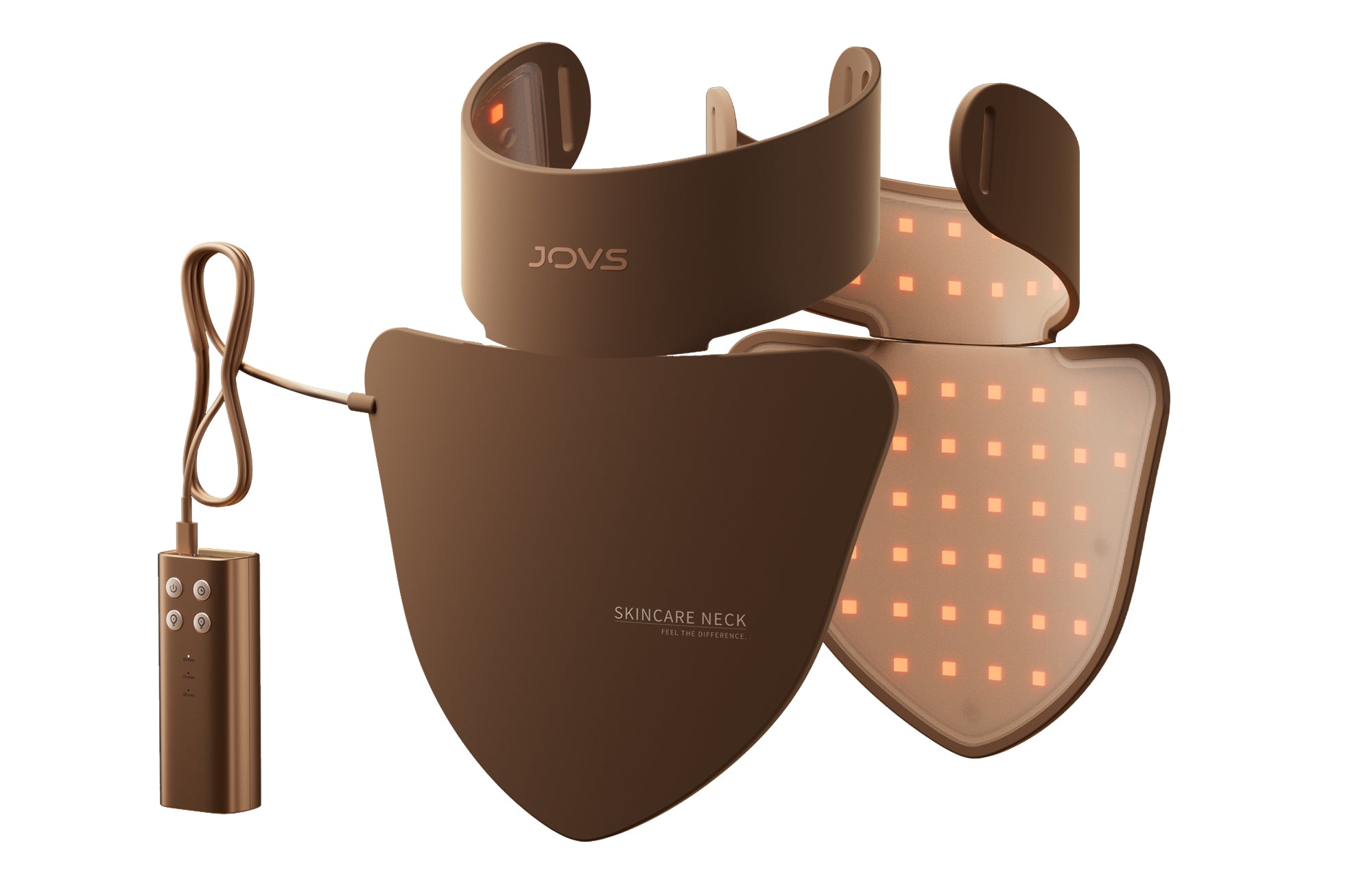 JOVS LED Neck & Chest Mask showcasing red light therapy for effective neck wrinkle treatment.