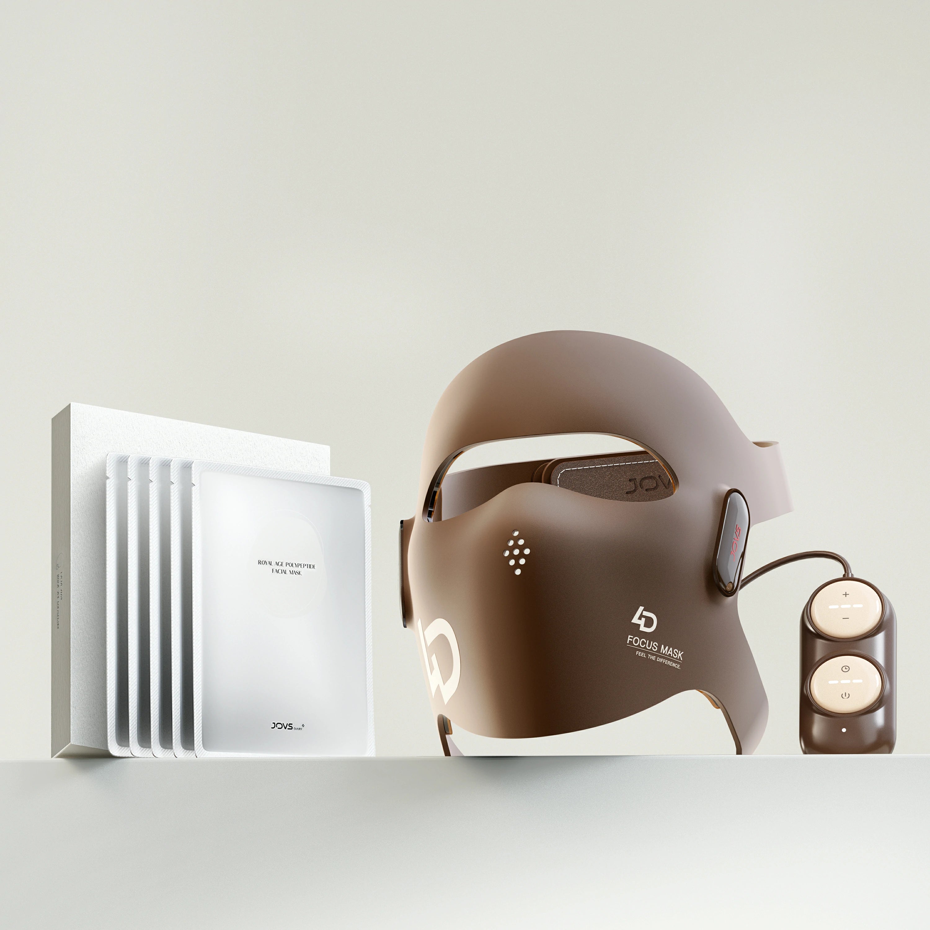 JOVS 4D Laser Mask Kit presented with its elegant packaging, featuring the mask with Laser light and a smart controller, for a premier, advanced skincare experience.