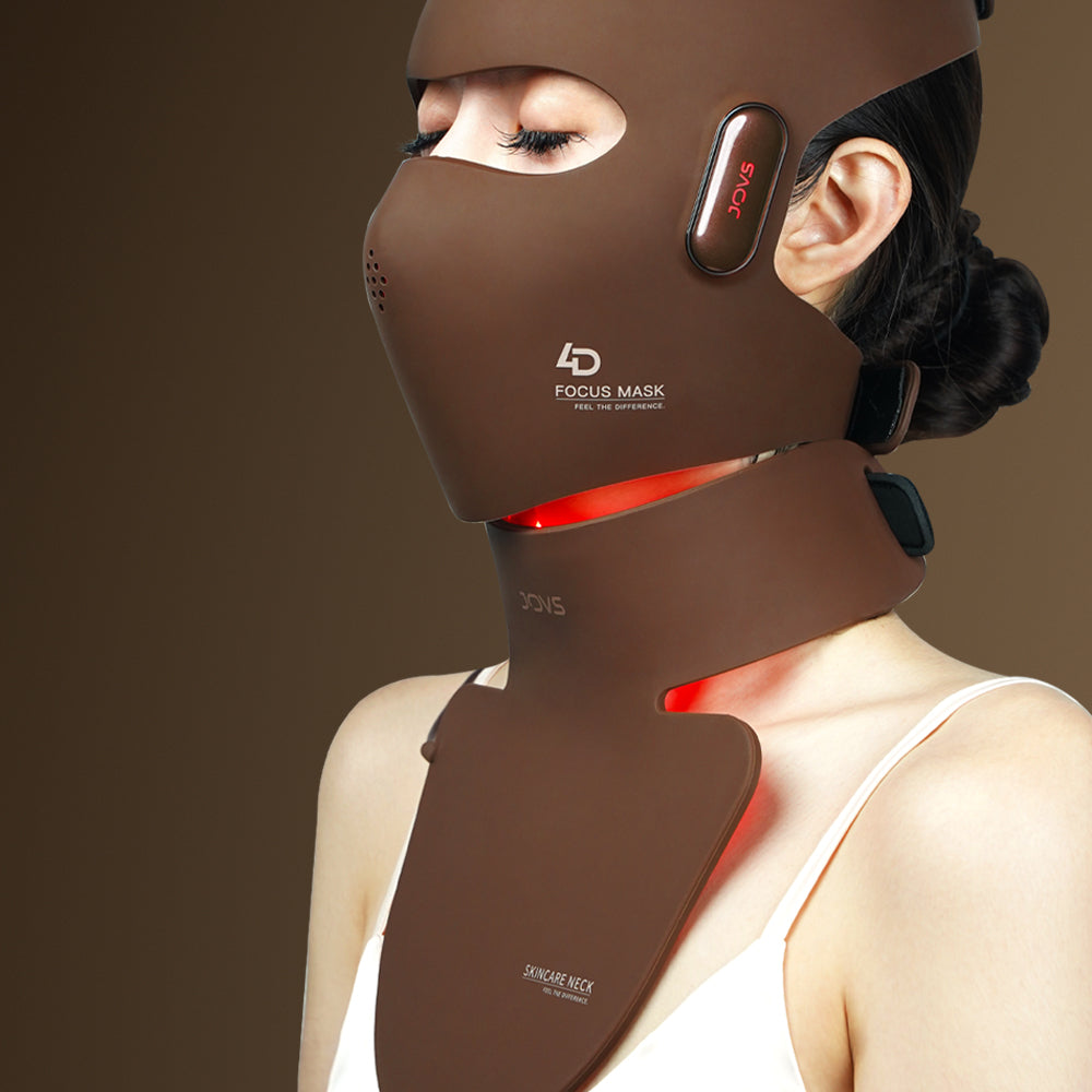 JOVS LED Neck & Chest Mask showcasing red light therapy for targeted neck wrinkle treatment and skin rejuvenation.