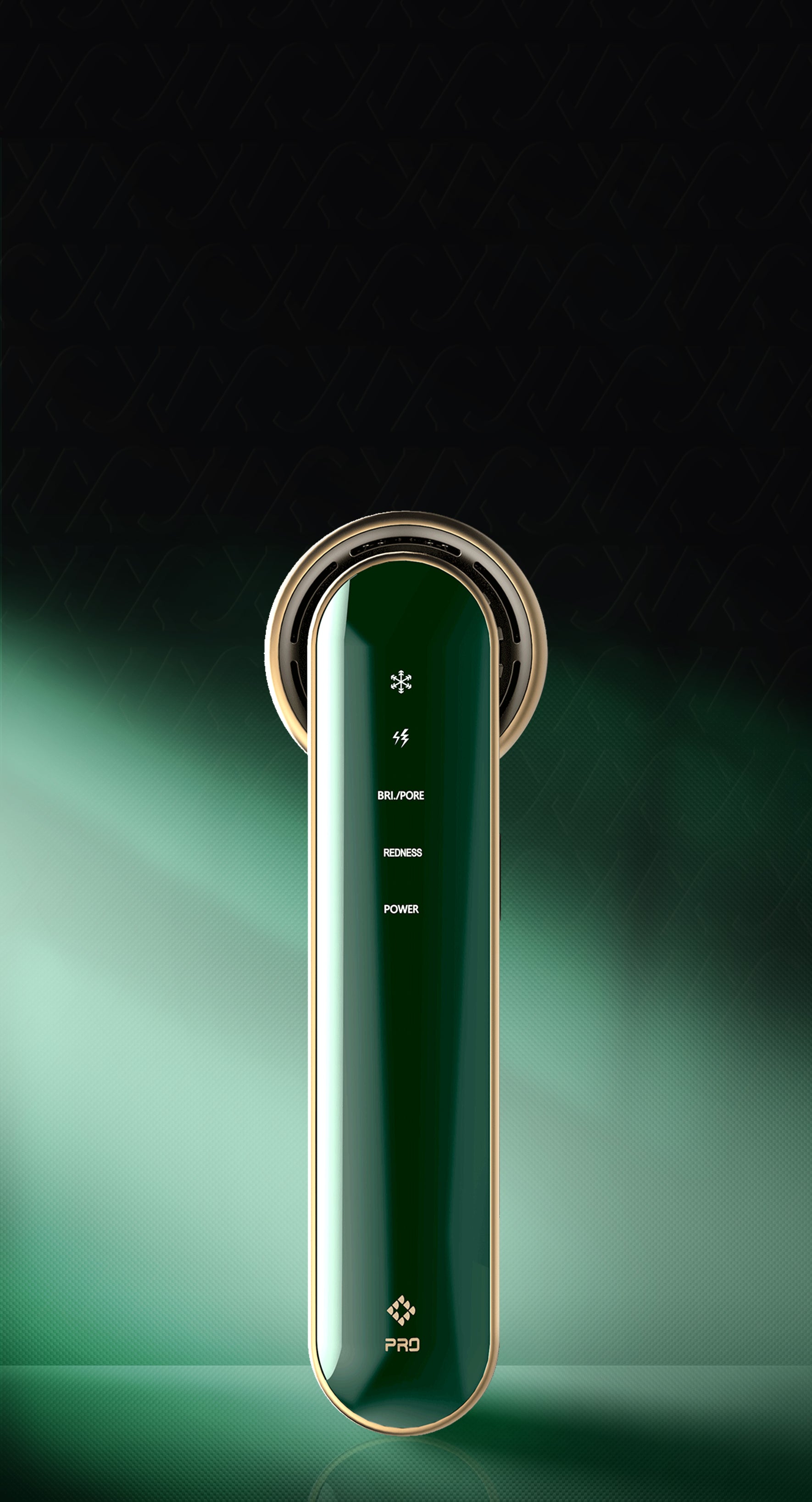 JOVS Blacken PRO DPL Photorejuvenation Skincare Device standing against a luxurious green background, highlighting the elegant design and skin treatment settings.