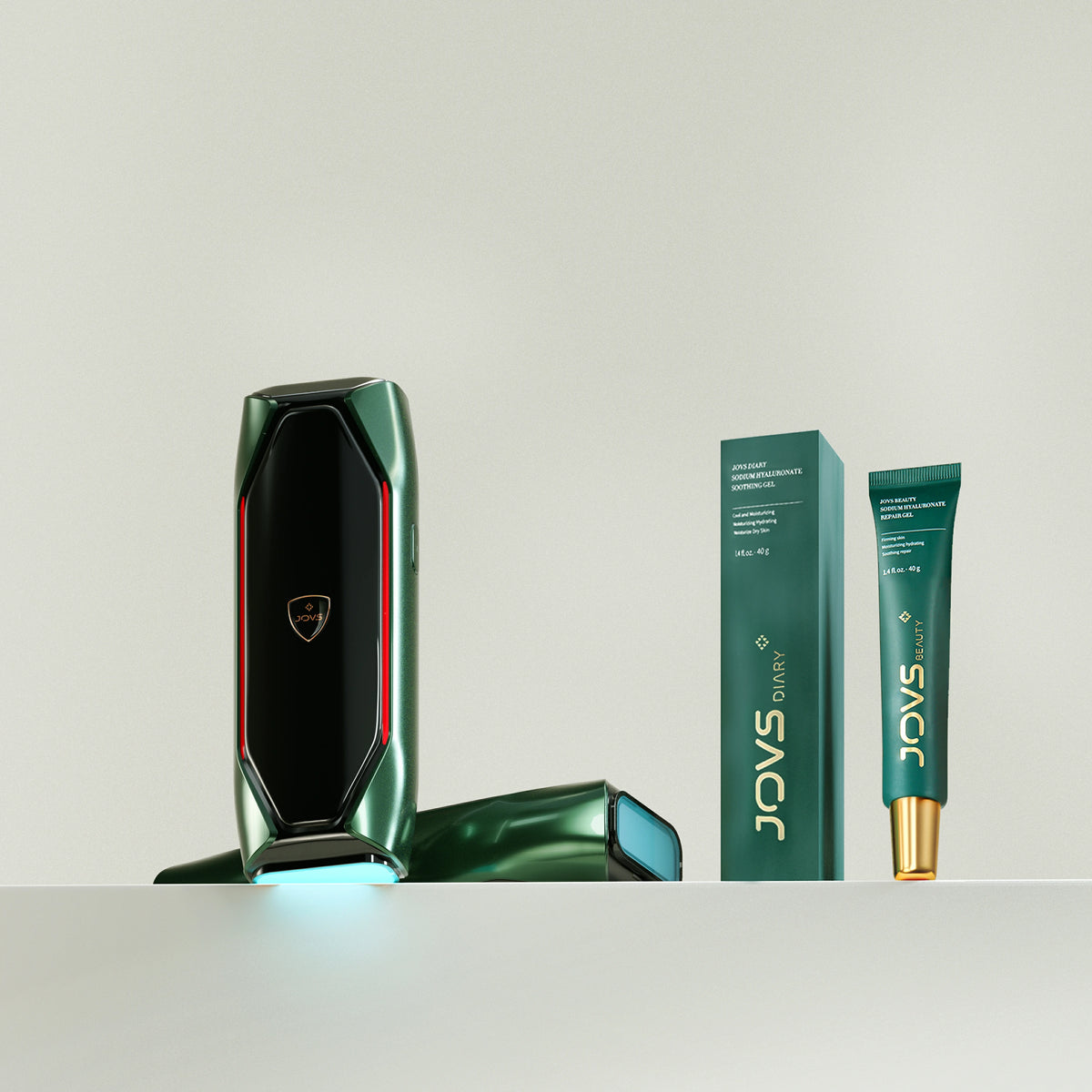 Kit of JOVS X 3-in-1 IPL hair removal device with accompanying skincare products, highlighting comprehensive hair treatment.