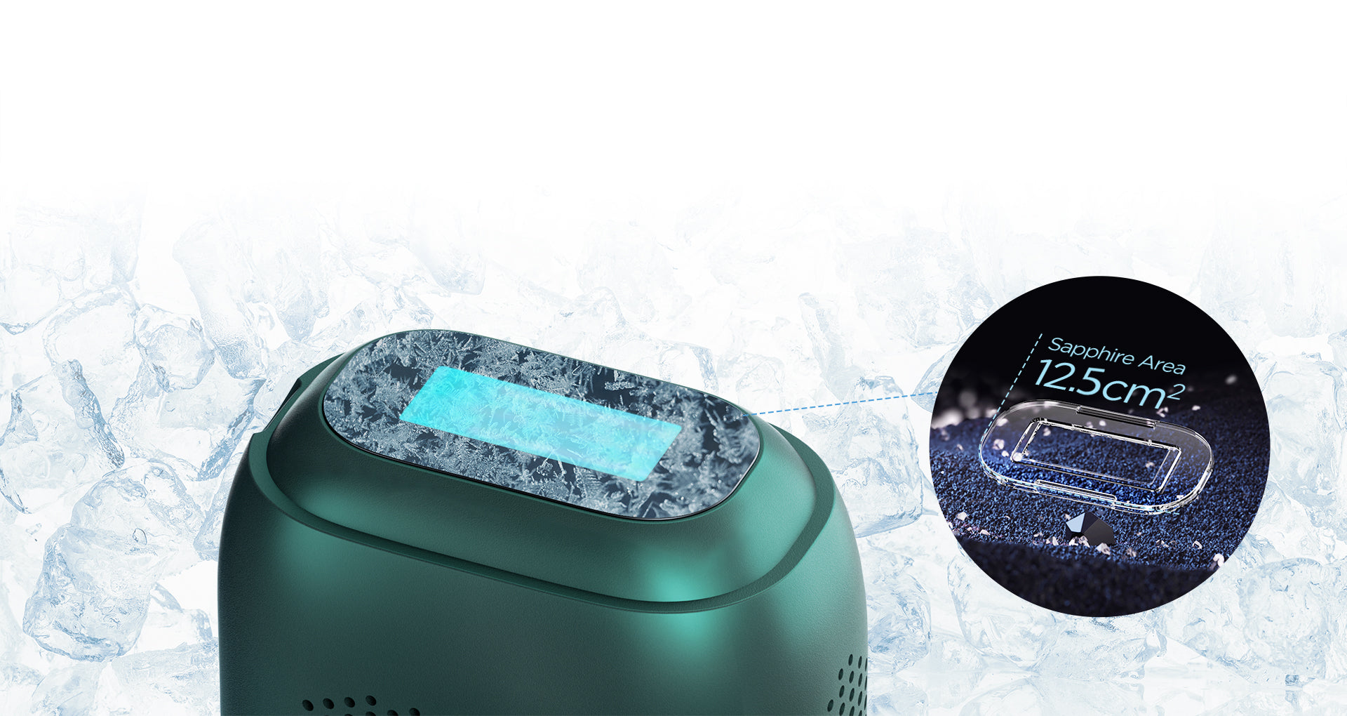 The JOVS IPL hair removal device's sapphire cooling area highlighted, ensuring a comfortable and safe skin-cooling effect during hair removal treatment.