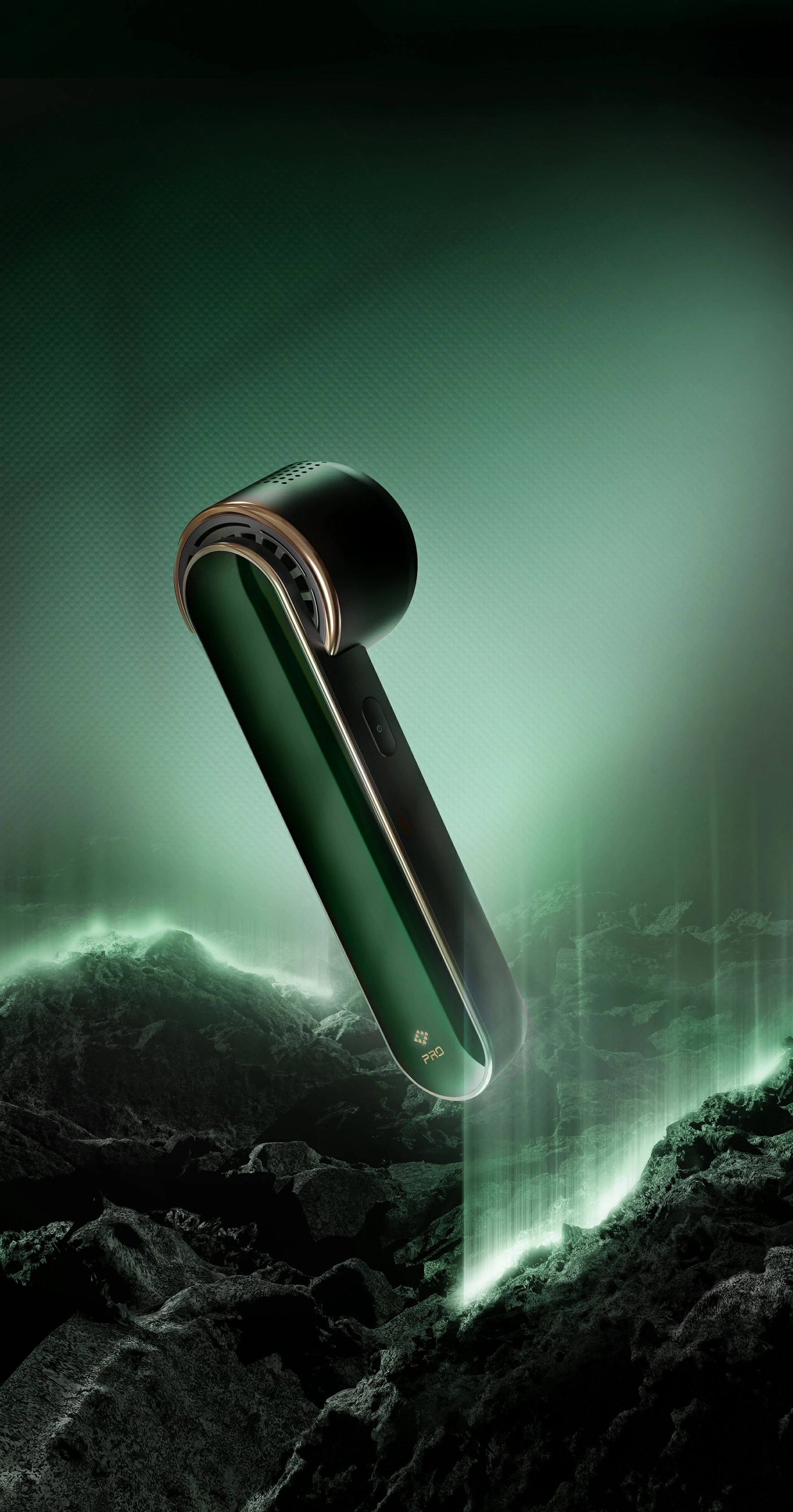 JOVS Blacken PRO DPL Photorejuvenation Skincare Device with Radiant Green Light and Dark Background.