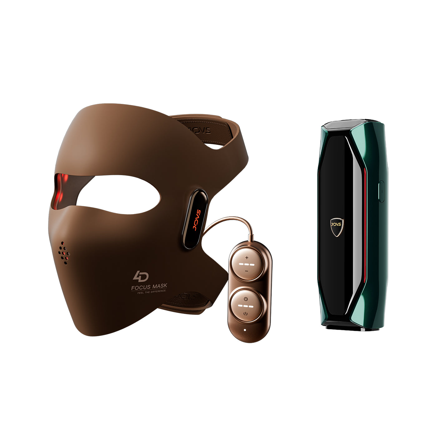 JOVS X 3-in-1 IPL hair removal paired with JOVS 4D Laser Light Therapy Mask, the ultimate home beauty kit.