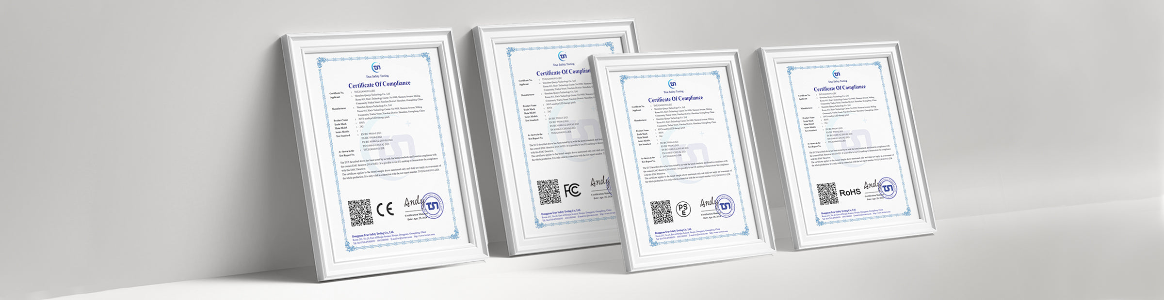 Certificates of compliance for JOVS Acnebye LED Therapy Patch showcasing safety and quality standards.