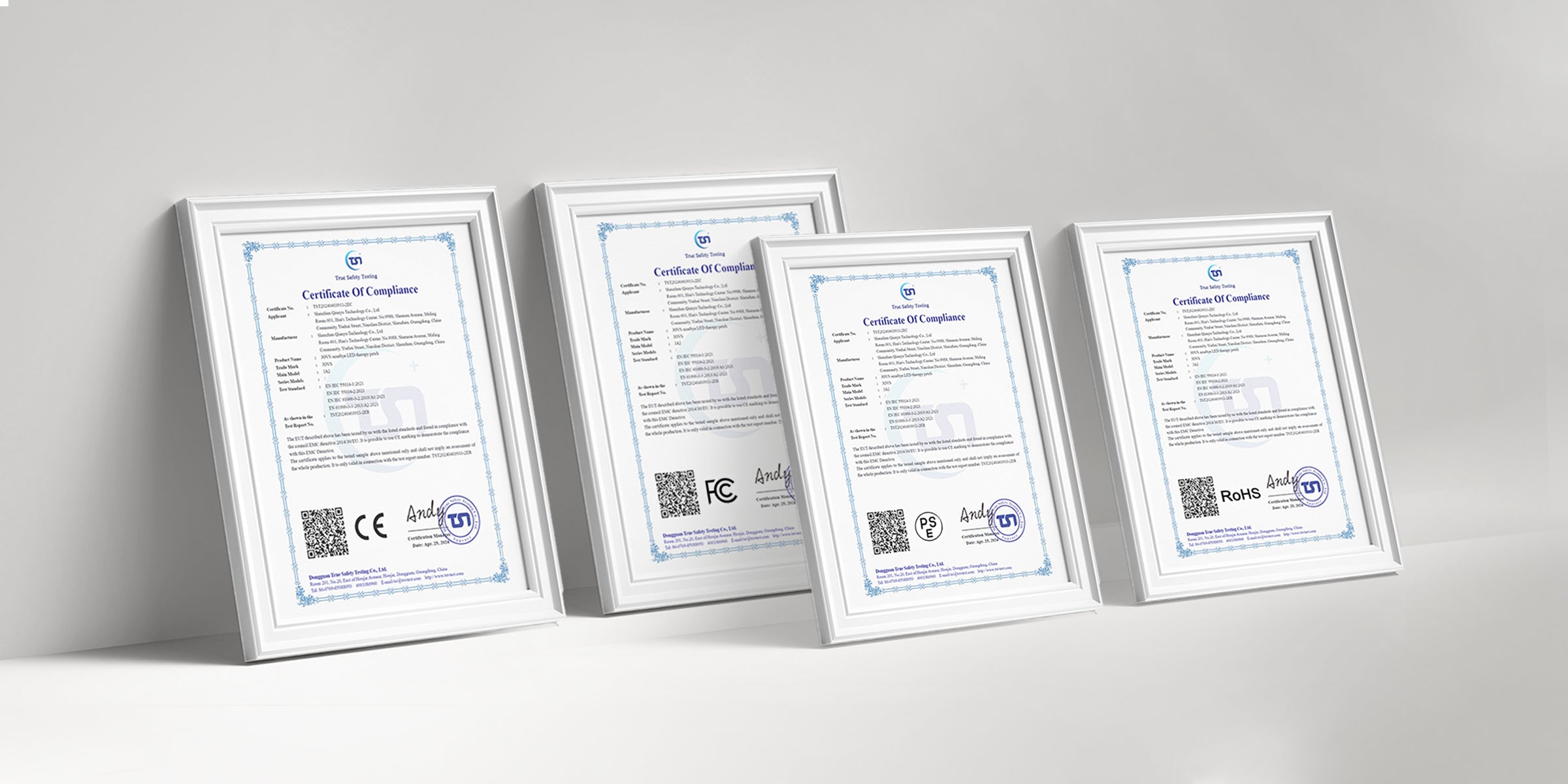 Certificates of compliance for JOVS Acnebye LED Therapy Patch demonstrating international safety standards in skincare technology.