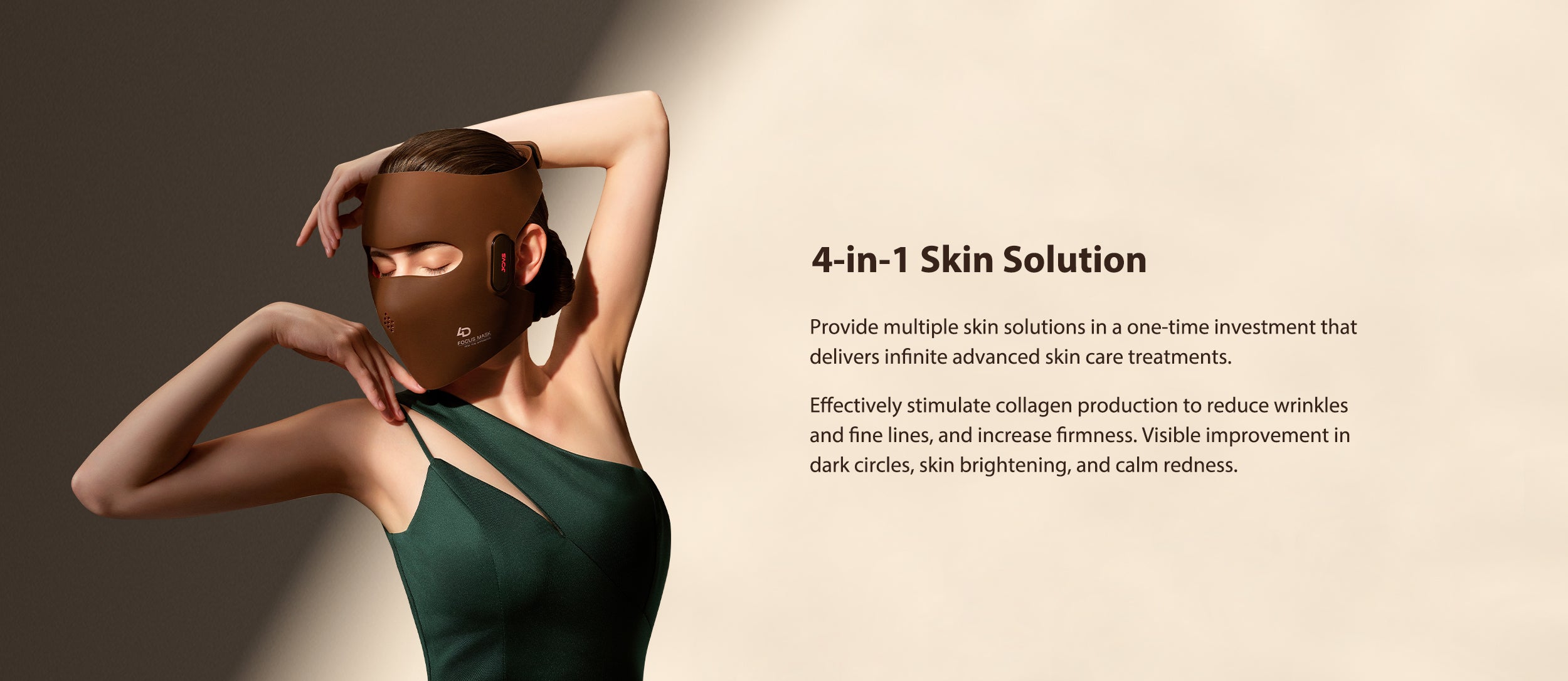 Model wearing JOVS 4D Laser Light Therapy Mask offering a 4-in-1 skin solution for collagen stimulation, wrinkle and fine line reduction, firmness increase, and skin brightening.