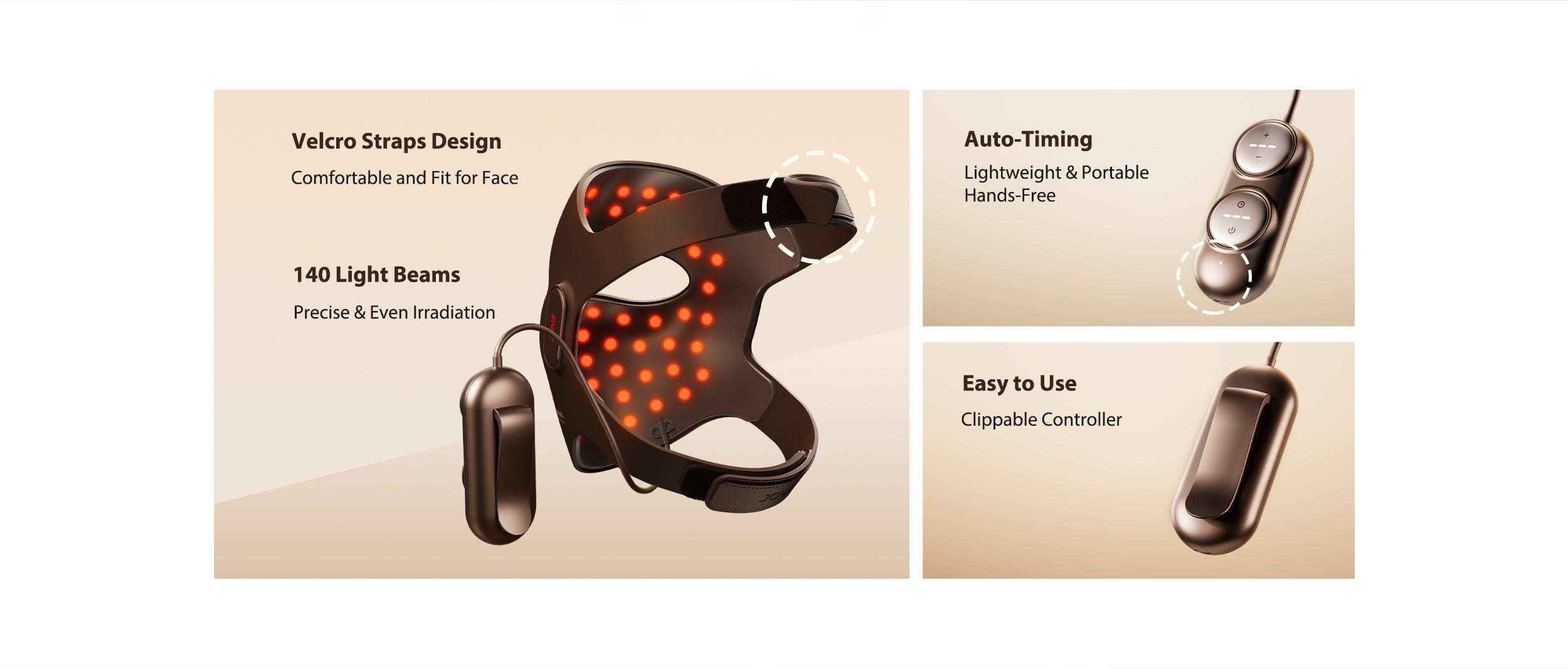 Advanced JOVS 4D Laser Light Therapy Mask with 140 light beams for precise treatment, comfortable Velcro straps design, auto-timing feature, and an easy-to-use clippable controller.
