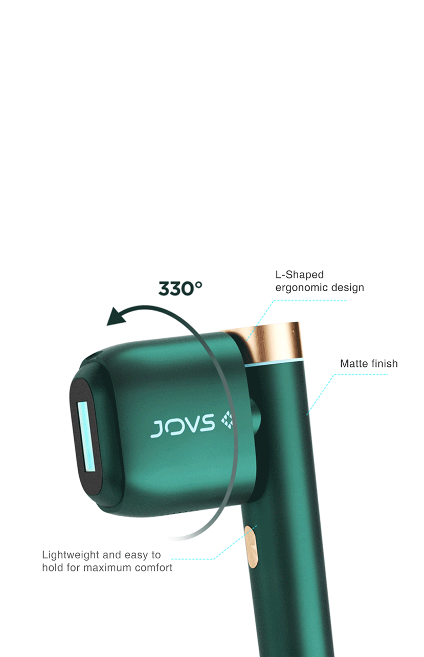 JOVS Venus Pro™ II IPL Hair Removal Device featuring a 330-degree rotating head, L-shaped ergonomic grip, and a sleek matte finish for user comfort.