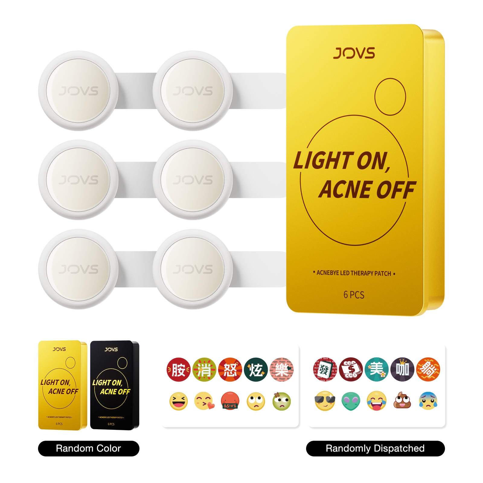 Six-Pack JOVS Acnebye LED Therapy Patch in yellow for acne scar relief.