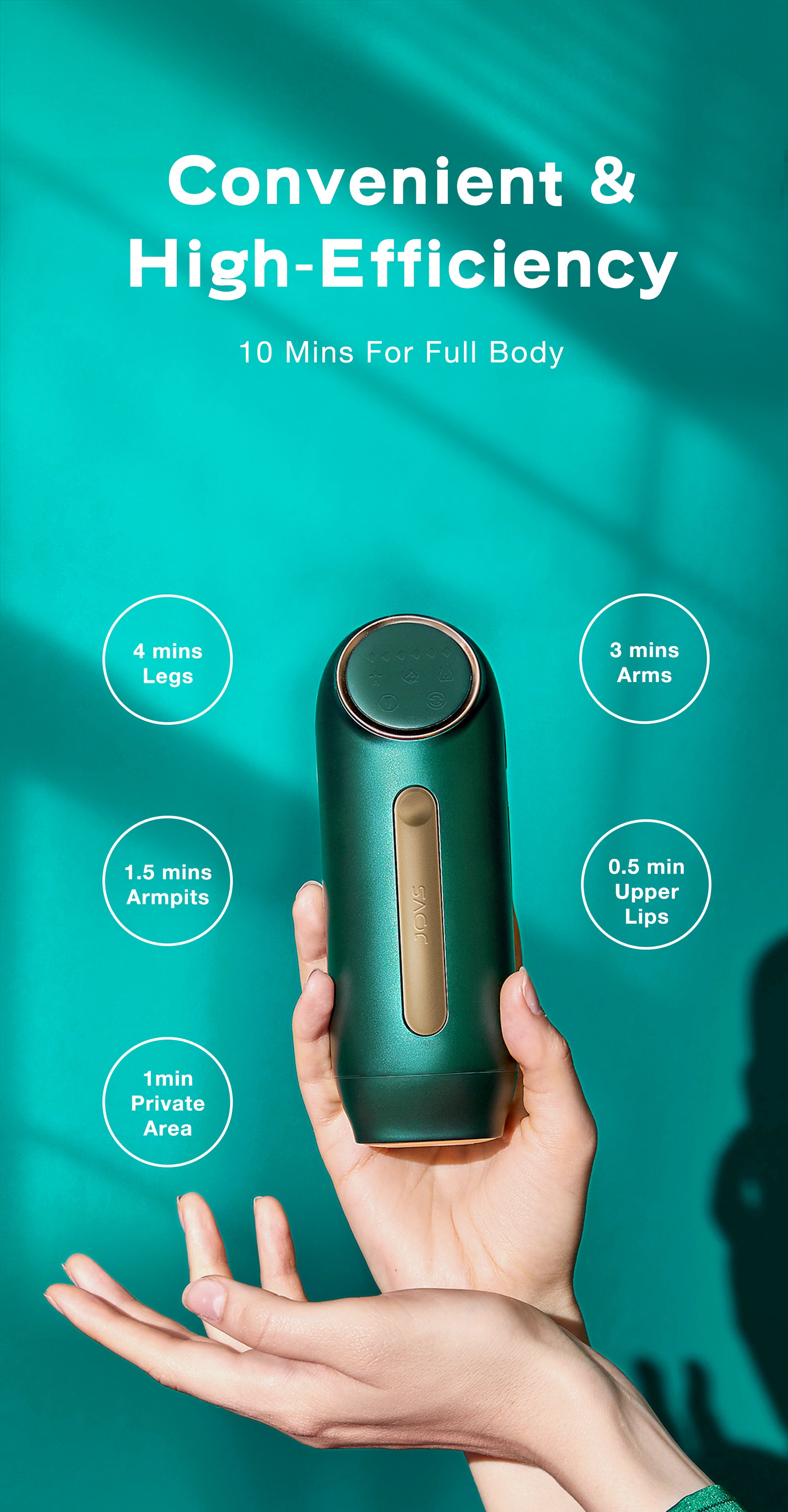 Hand-holding JOVS Mini wireless IPL hair removal device, highlighting treatment for legs, arms, and sensitive areas.