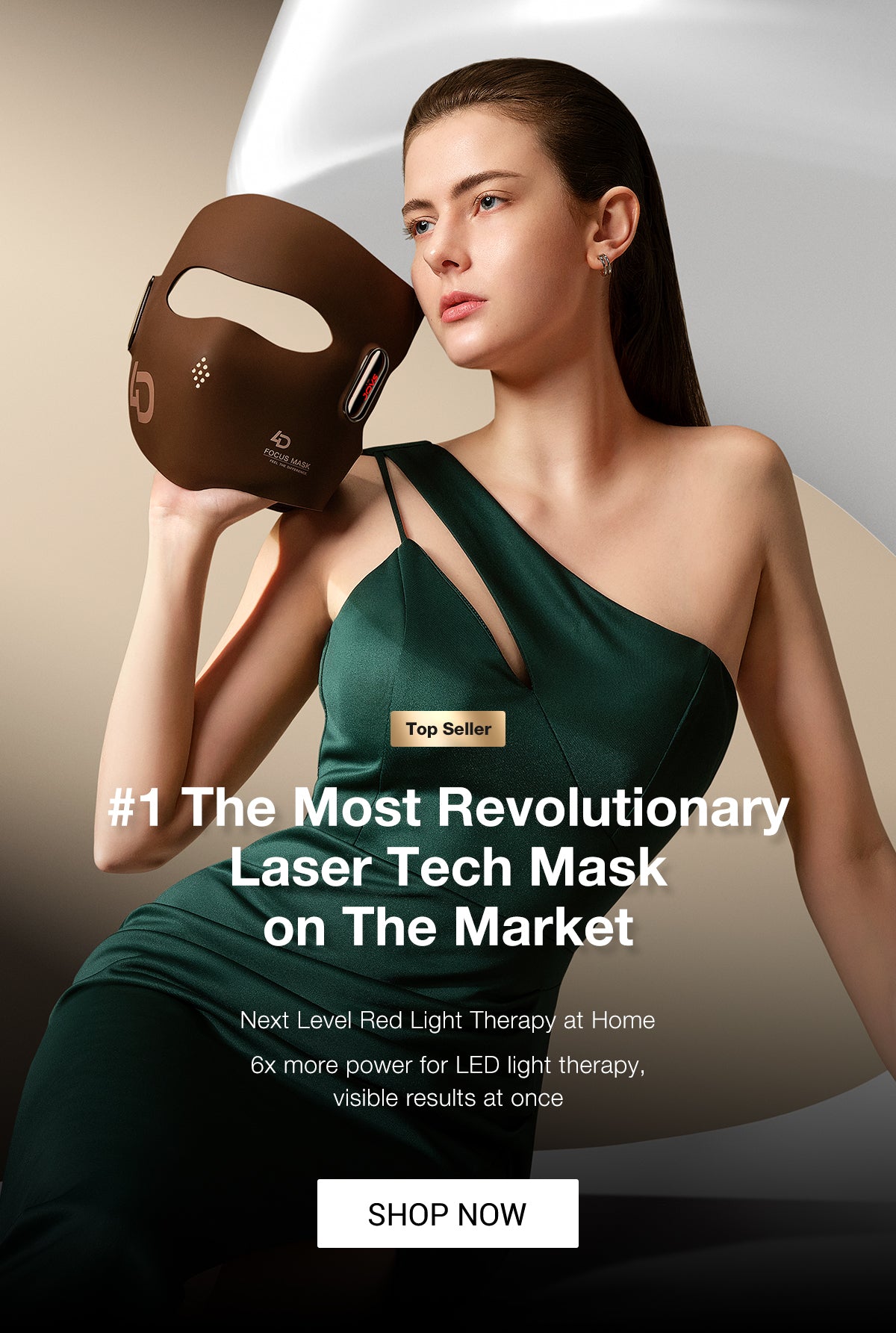 Woman wearing JOVS top-selling 4D laser tech mask for skincare and rejuvenation at home.