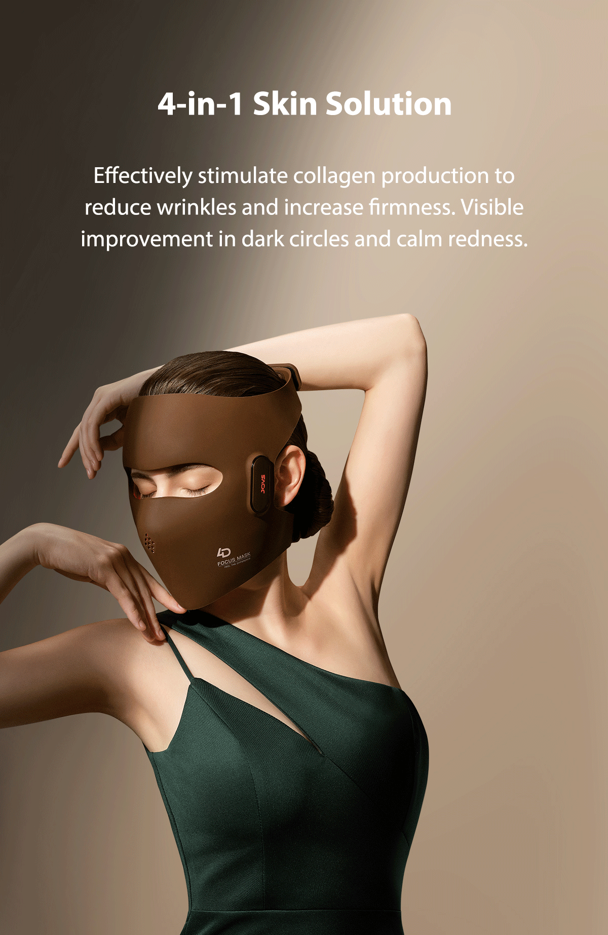 Elegant woman in green dress using JOVS 4D Laser Light Therapy Mask for collagen production, wrinkle reduction, firmness, dark circle improvement, and redness soothing.