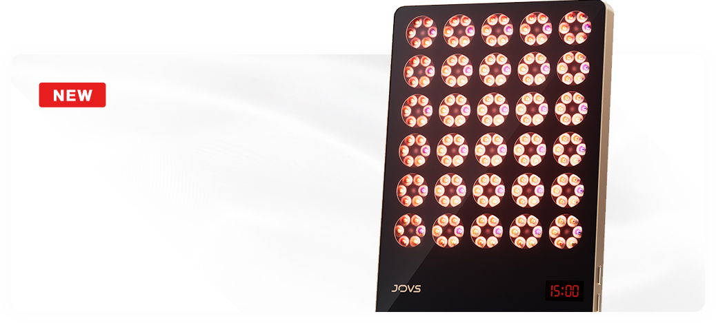 JOVS Alva Wireless LED Light Therapy Device featuring multiple LED bulbs for full-body skin treatment, with timer display for convenience.