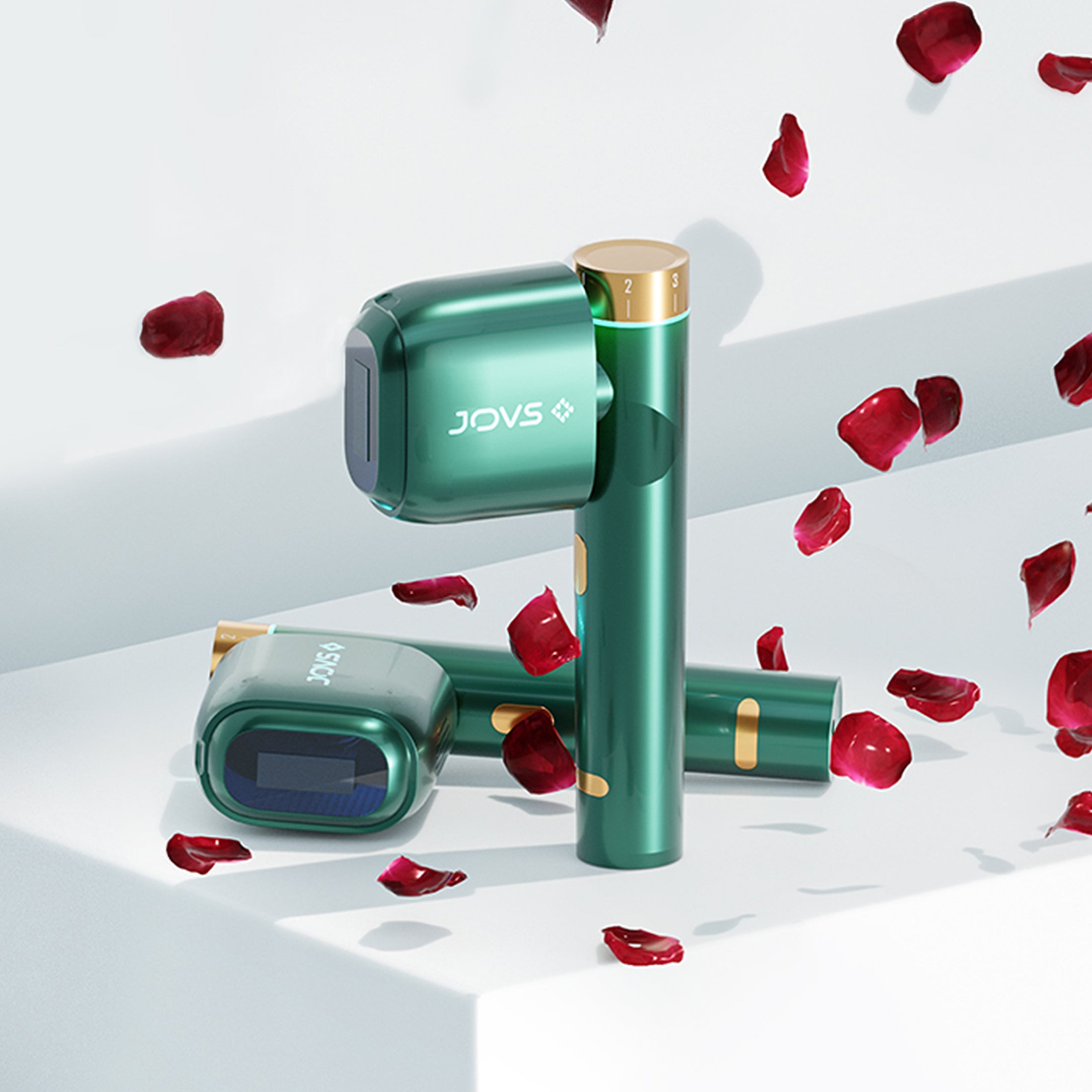 JOVS Venus Pro II IPL hair removal device surrounded by rose petals, highlighting advanced technology for effective hair removal.