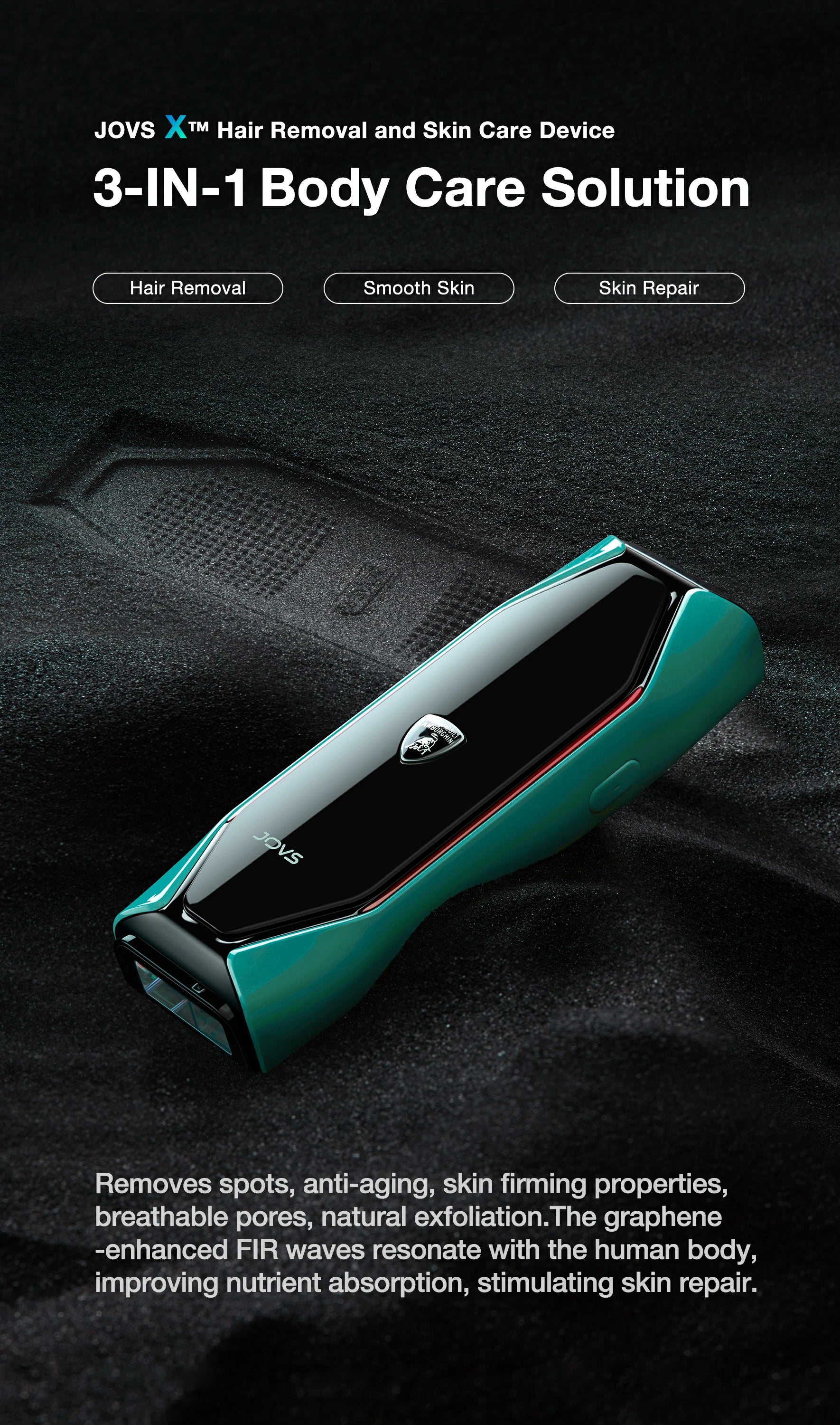 JOVS X™ 3-in-1 Emerald IPL Hair Removal Device for Hair Removal, Smooth Skin, and Skin Repair.