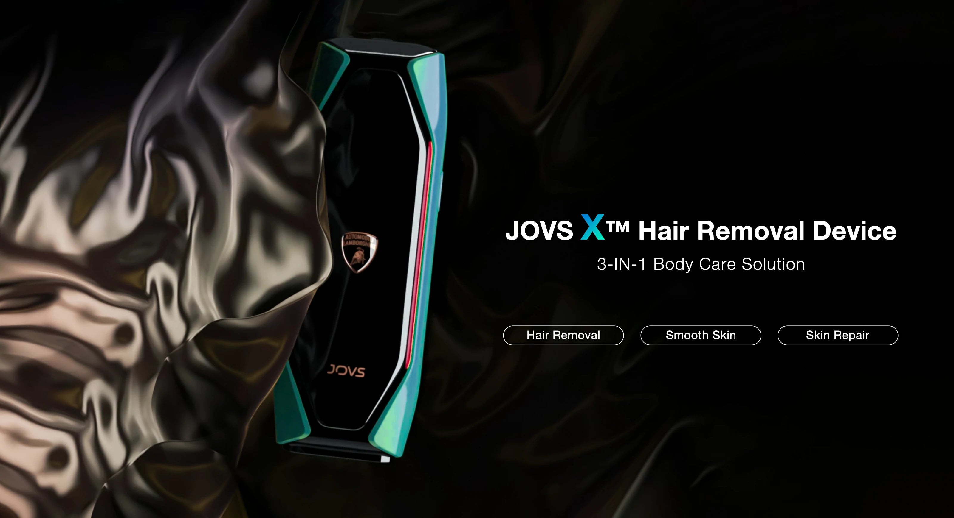 JOVS X™ Emerald 3-IN-1 IPL Hair Removal Device, combining hair removal, skin smoothing, and skin repair features, elegantly presented on a smooth silk background.