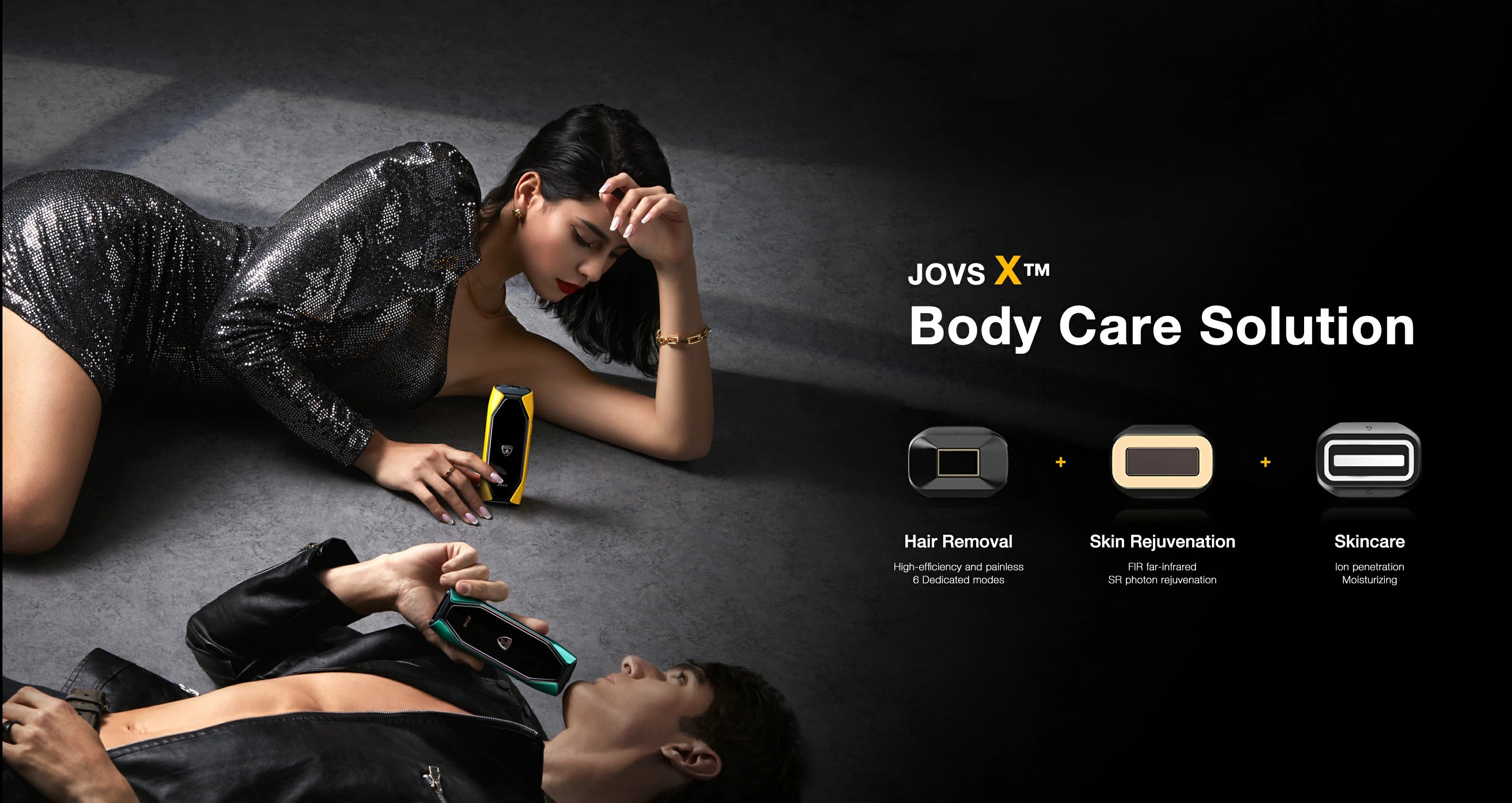 Elegant woman lying down showcasing JOVS X™ Hair Removal Device, with male model demonstrating device use, spotlighting hair removal, skin rejuvenation, and skincare technology.