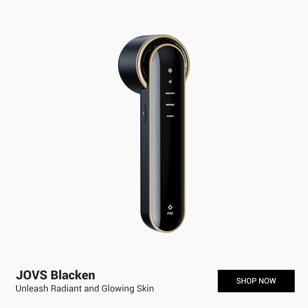 The JOVS Blacken DPL device, with its sleek black design, offering a luxurious skin care experience to unleash radiant and glowing skin