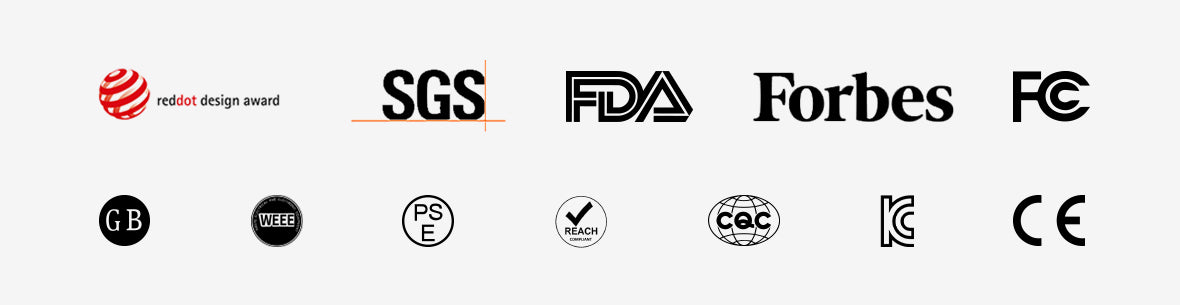 Array of prestigious certifications and awards for JOVS including Red Dot Design Award, SGS, FDA approval, and recognition by Forbes and other agencies.