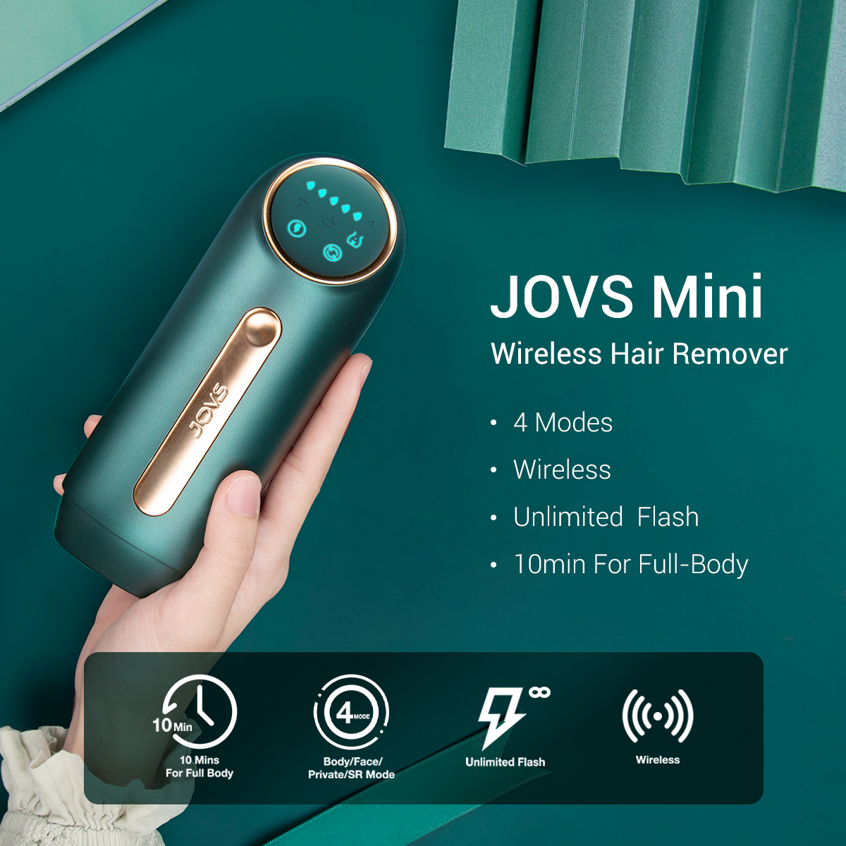 JOVS Mini IPL wireless hair removal device featuring 4 modes, unlimited flash, and 10-minute Full-Body treatment.