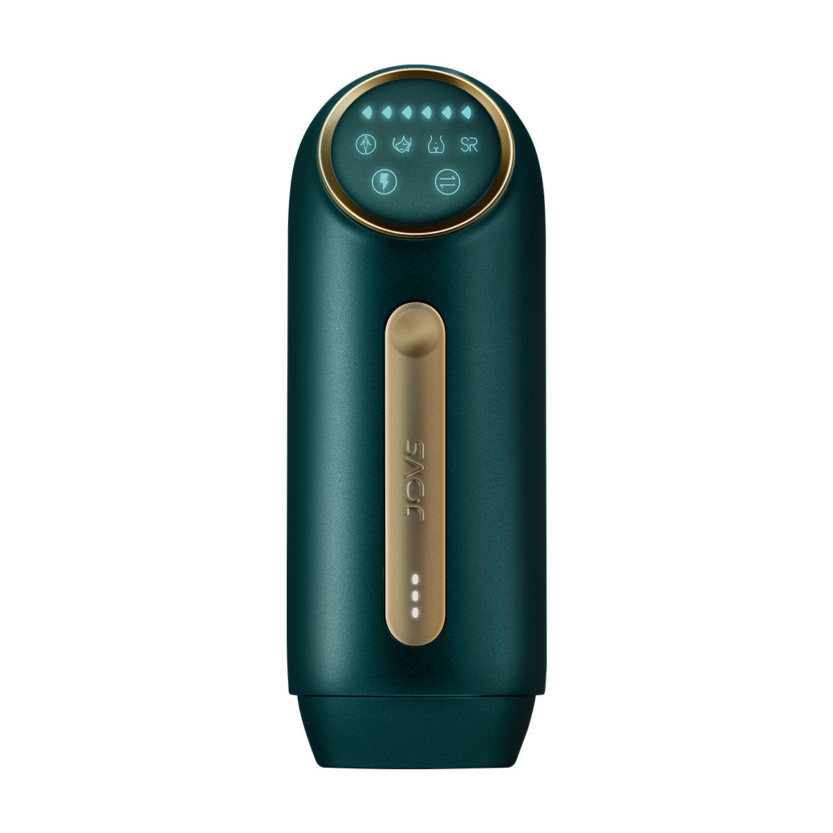 Compact and modern JOVS Mini IPL Hair Removal Device in an elegant green and gold color scheme with a user-friendly touch interface.