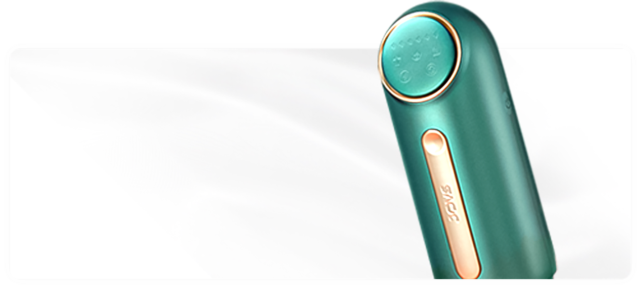 JOVS Mini Wireless Hair Removal Device in a sleek teal hue with gold trim, ergonomic shape, and intuitive touch interface for ease of use