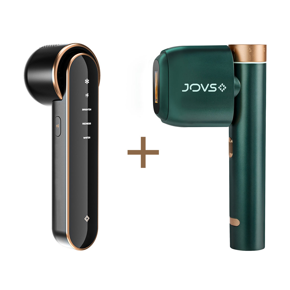 JOVS sleek black and gold Blacken DPL Photorejuvenation Skincare Device paired with a emerald and gold Venus Pro™ II IPL Hair Removal Device, showcasing advanced beauty technology.