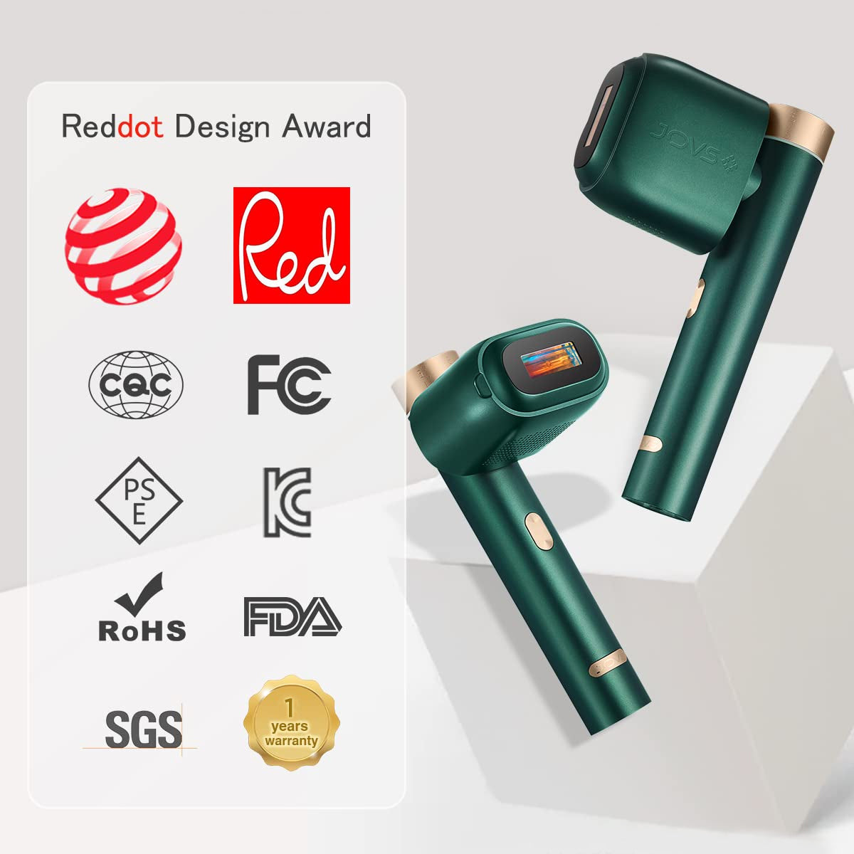 JOVS Venus Pro™ II IPL Hair Removal Device with Reddot Design Award and certifications including FCC, FDA, SGS, and more, indicating high standards of quality and design.