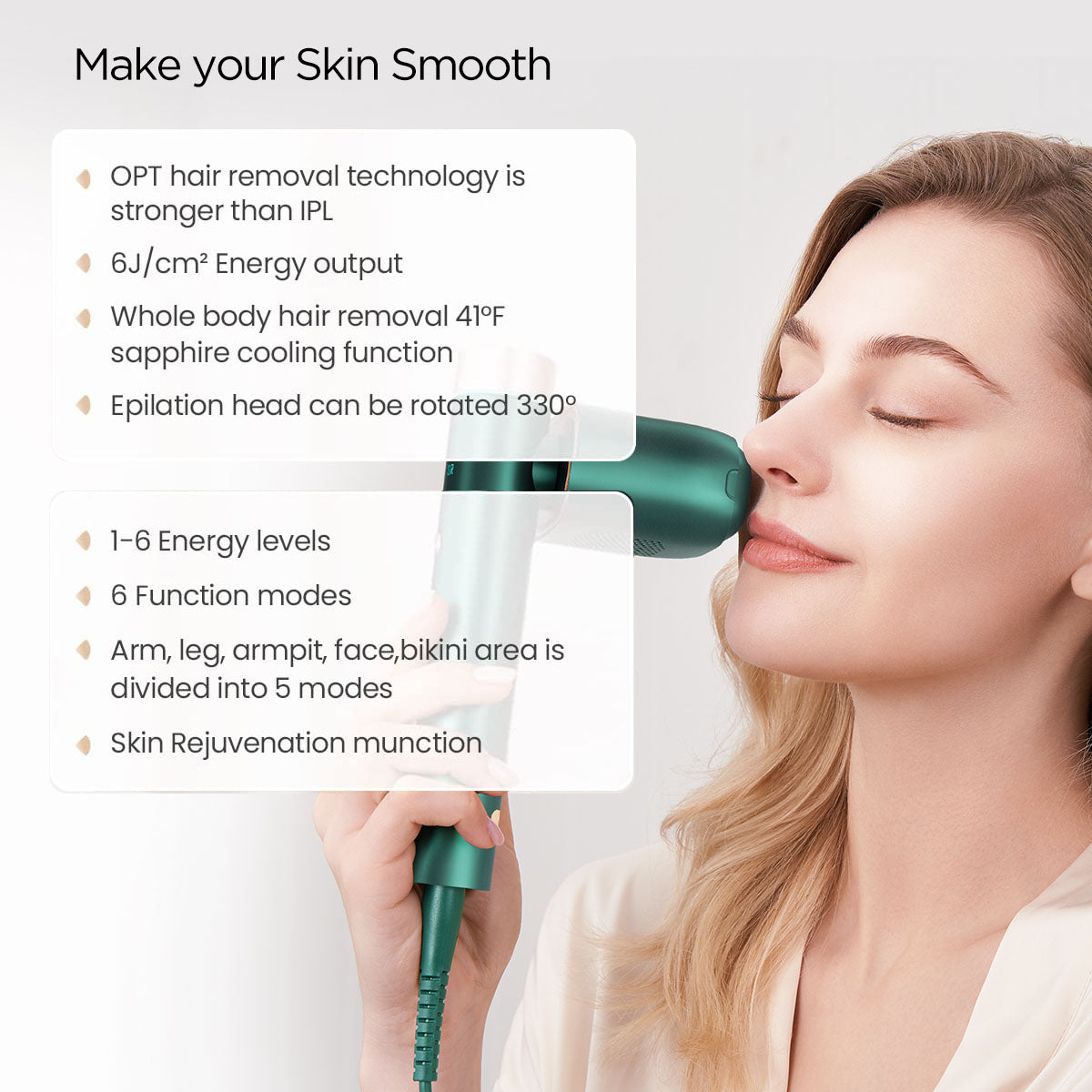 Woman experiencing smooth skin with JOVS OPT Hair Removal Technology, featuring sapphire cooling and 330° rotating head.