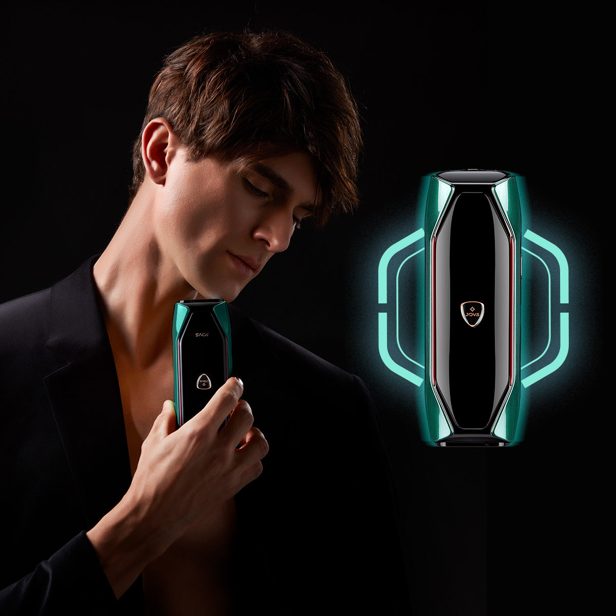 Man with JOVS X™ 3-in-1 Hair Removal Handset, showcasing the best IPL technology for men's hair removal and skin care needs