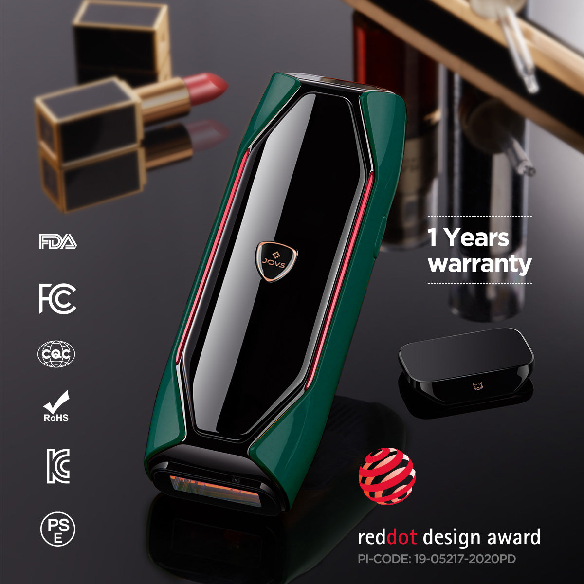 JOVS X™ IPL hair removal device with red dot design award and certifications, offering a 1-year warranty for quality assurance.