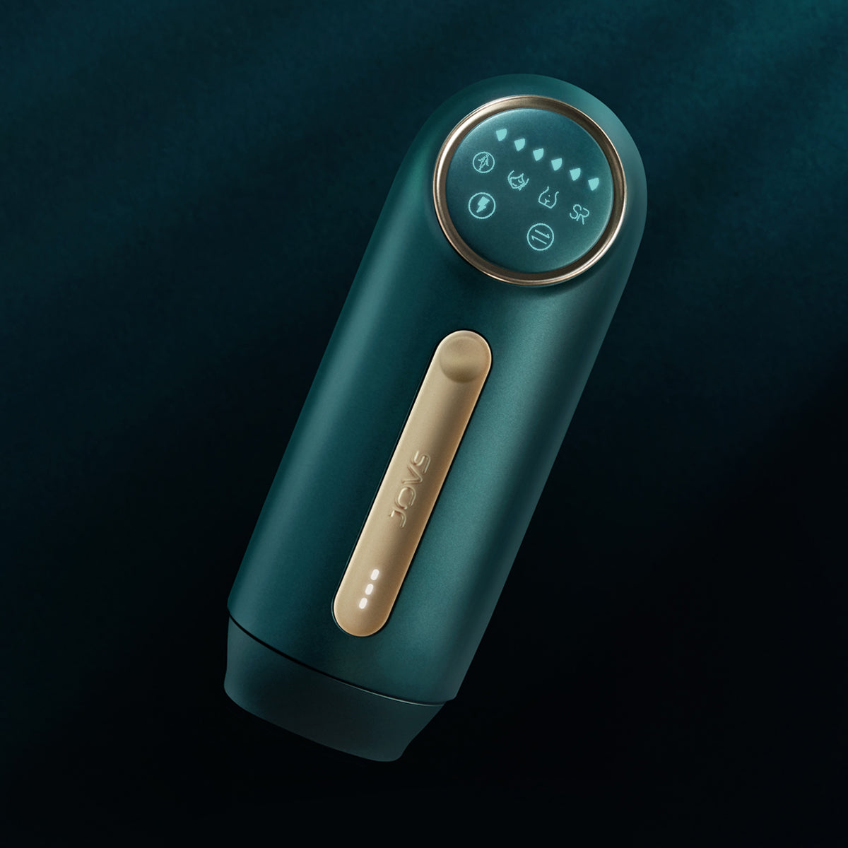 The JOVS Mini Wireless IPL Hair Removal Device is showcased in a striking teal and gold color, featuring a convenient touch control panel for easy operation.