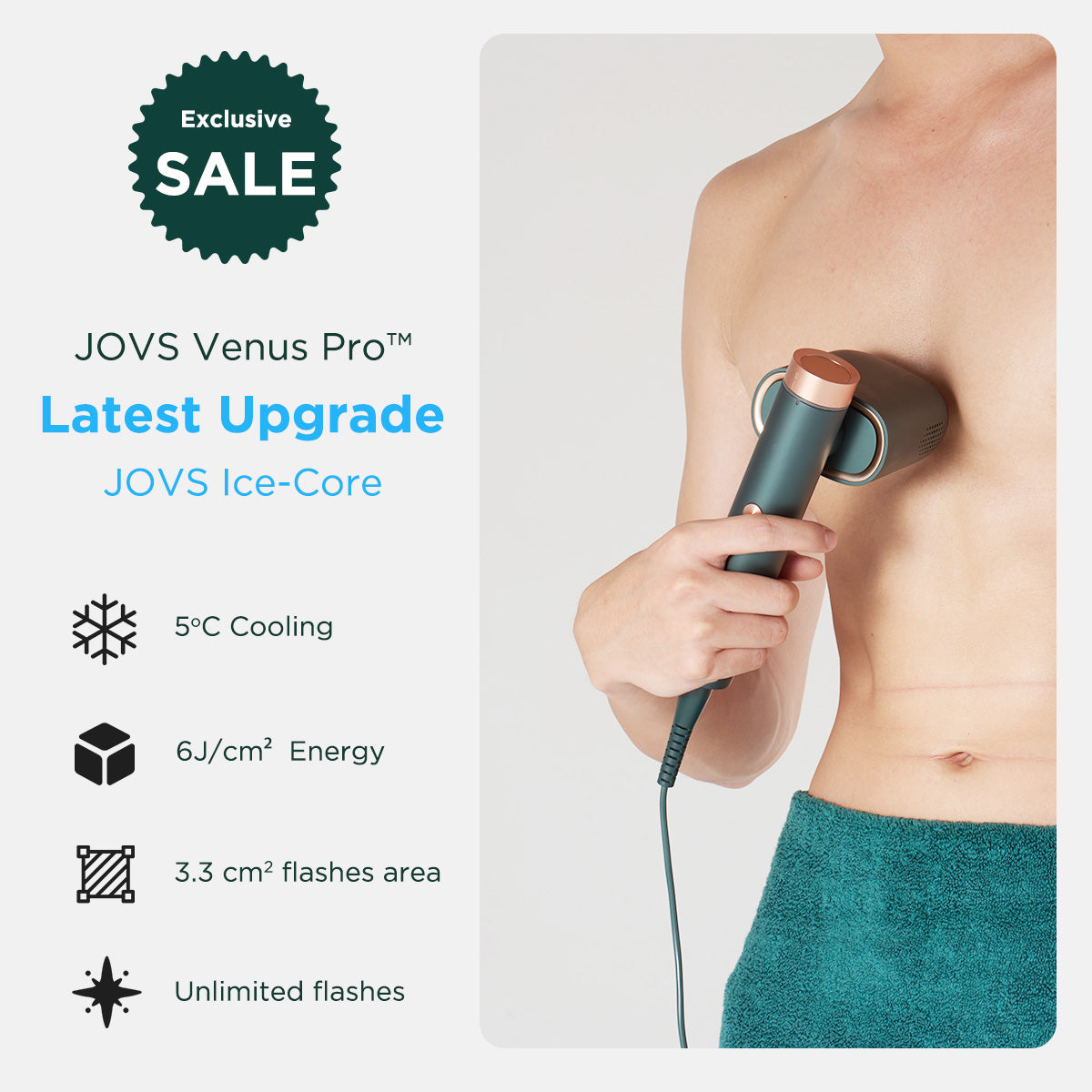 JOVS Venus Pro™ II IPL Hair Removal Device Latest Upgrade with Ice-Core cooling feature, ensuring 5°C skin protection and efficient hair removal. Also suitable for man.